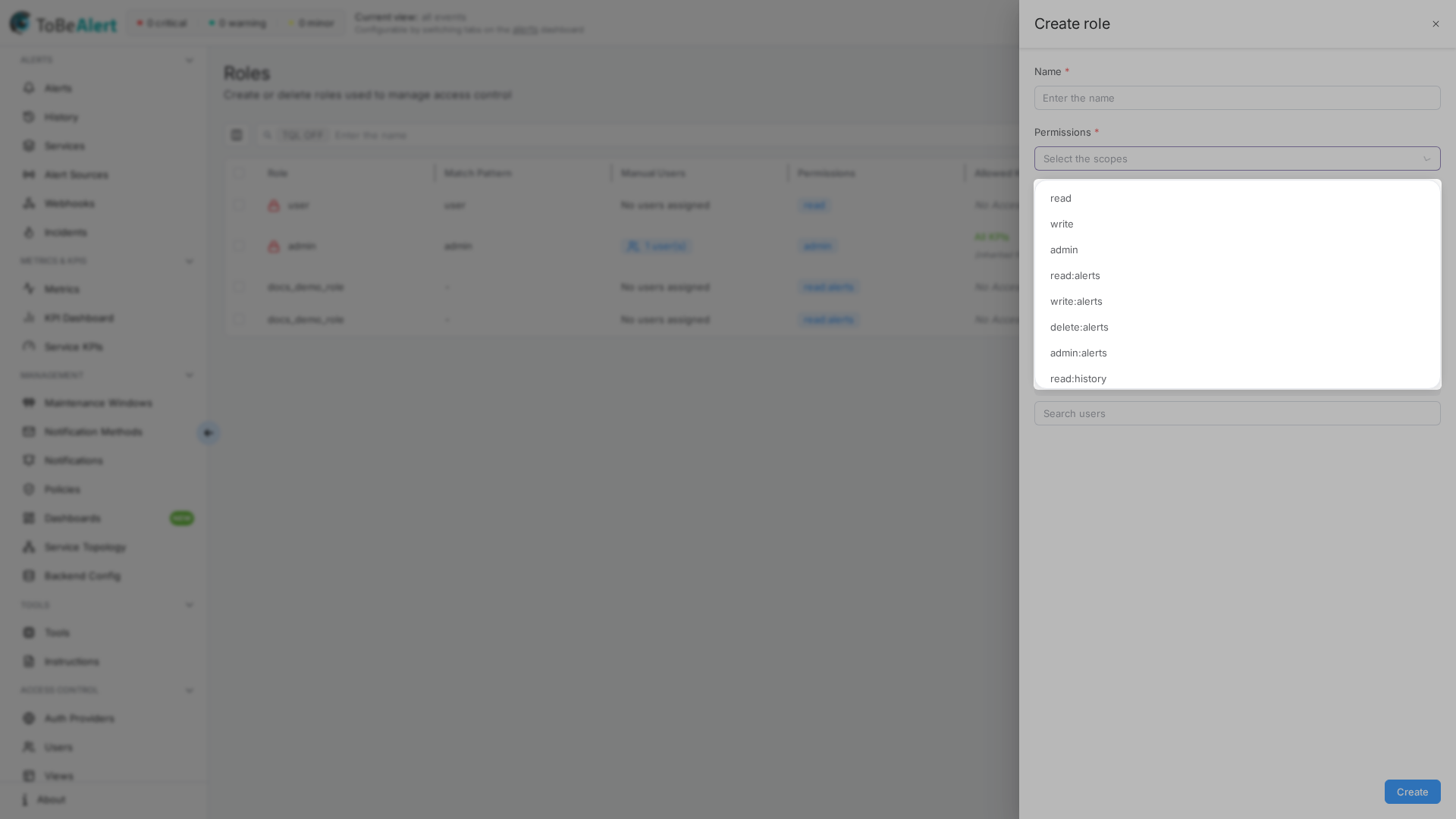 Roles — Permissions dropdown in create drawer
