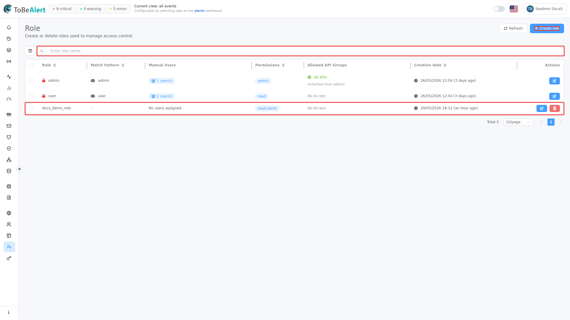 Roles — list with Create role and search