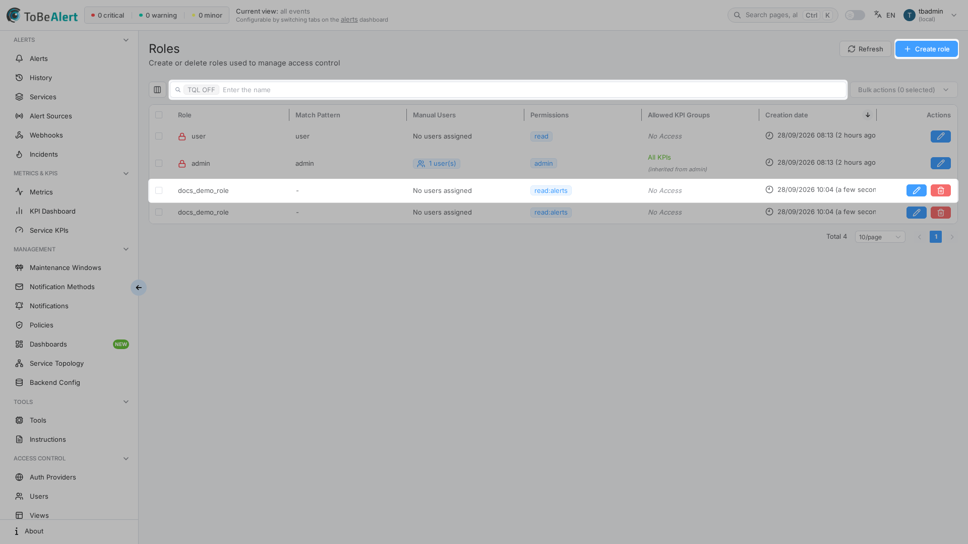 Roles — list with Create role and search
