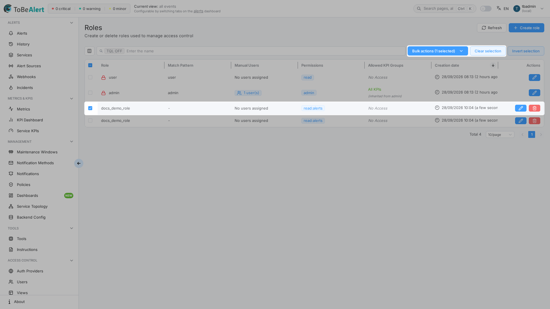 Roles — custom role selected with bulk actions
