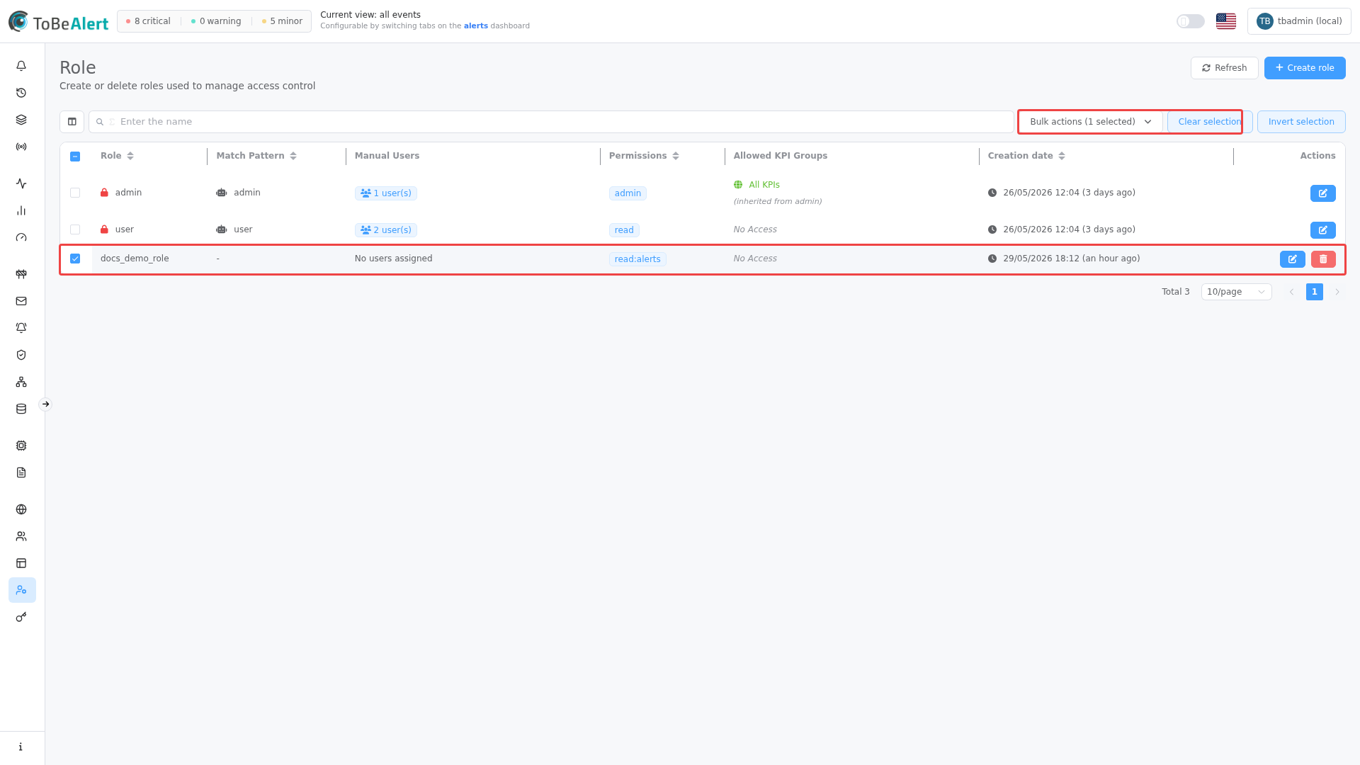 Roles — custom role selected with bulk actions