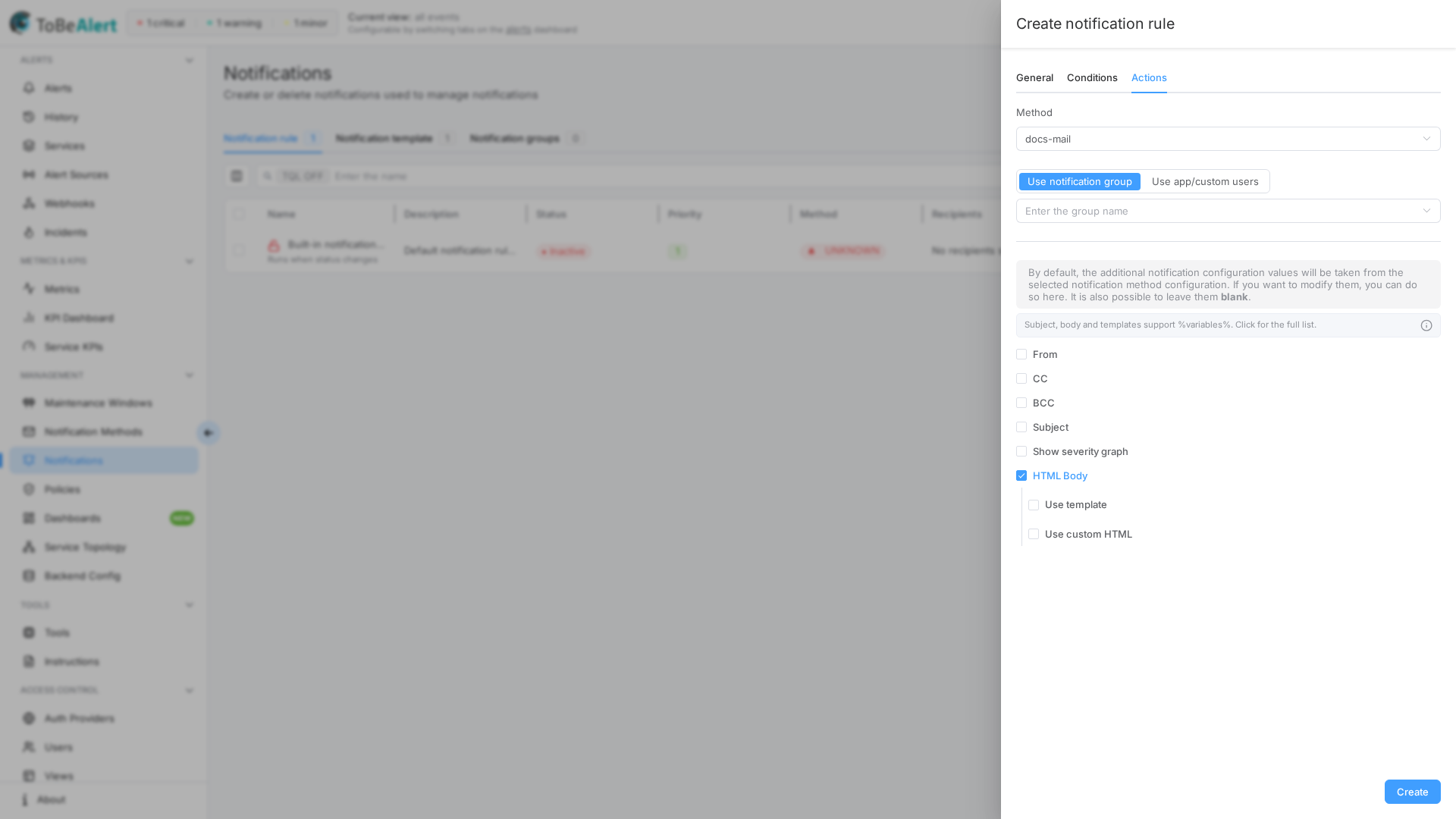 Rule drawer — Actions with Email method