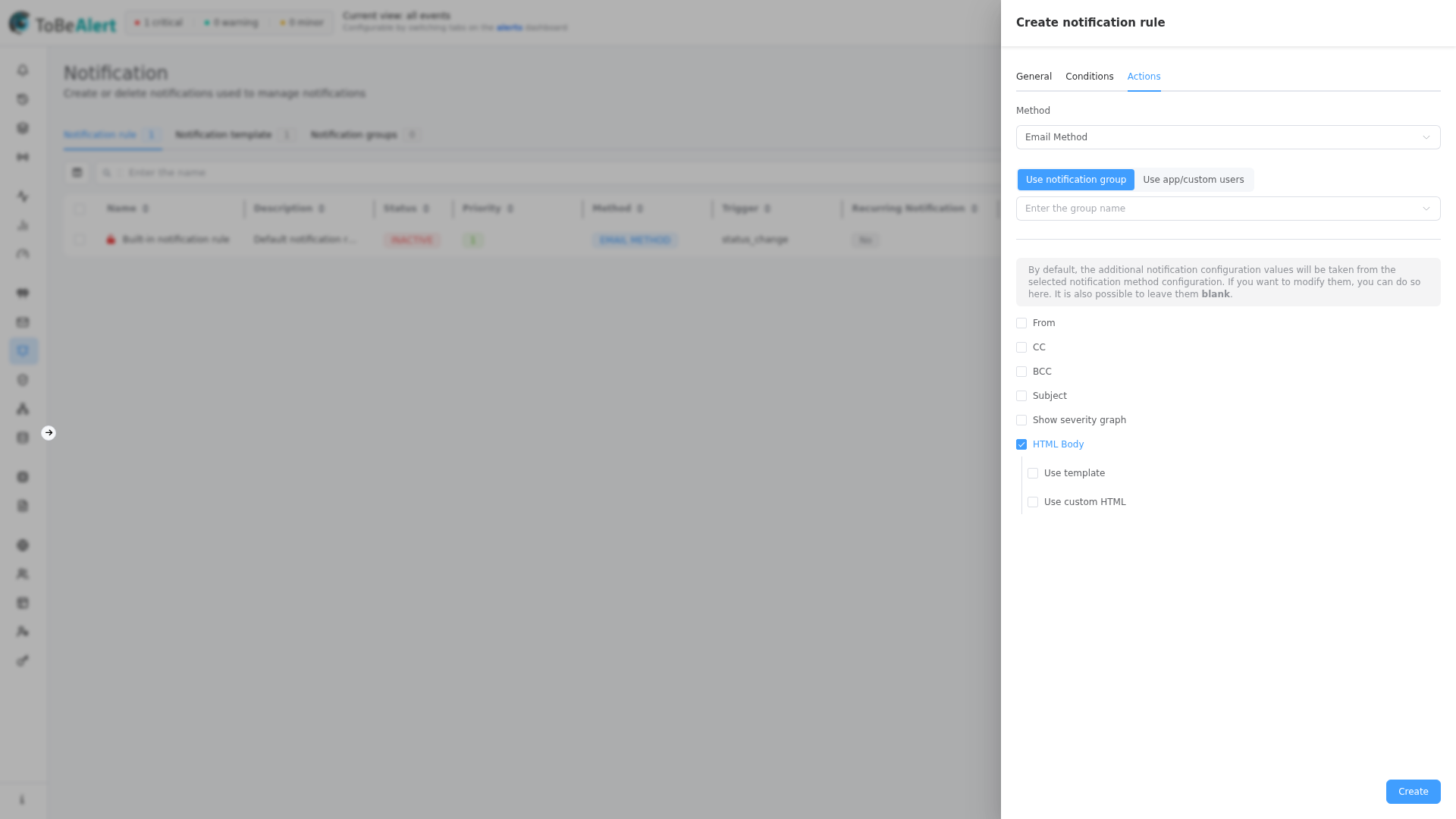 Rule drawer — Actions with Email method