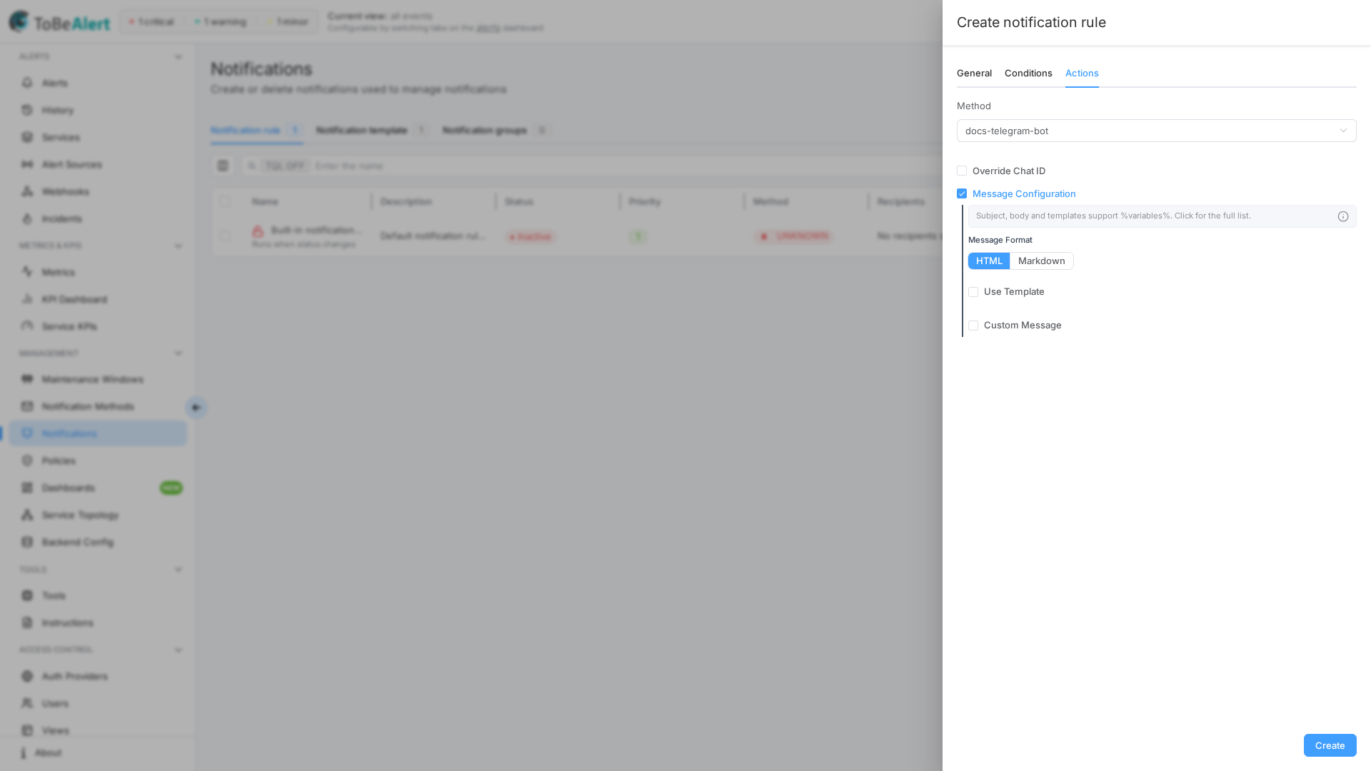 Rule drawer — Actions with Telegram method