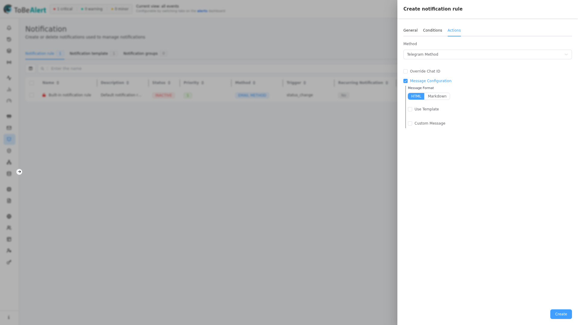 Rule drawer — Actions with Telegram method
