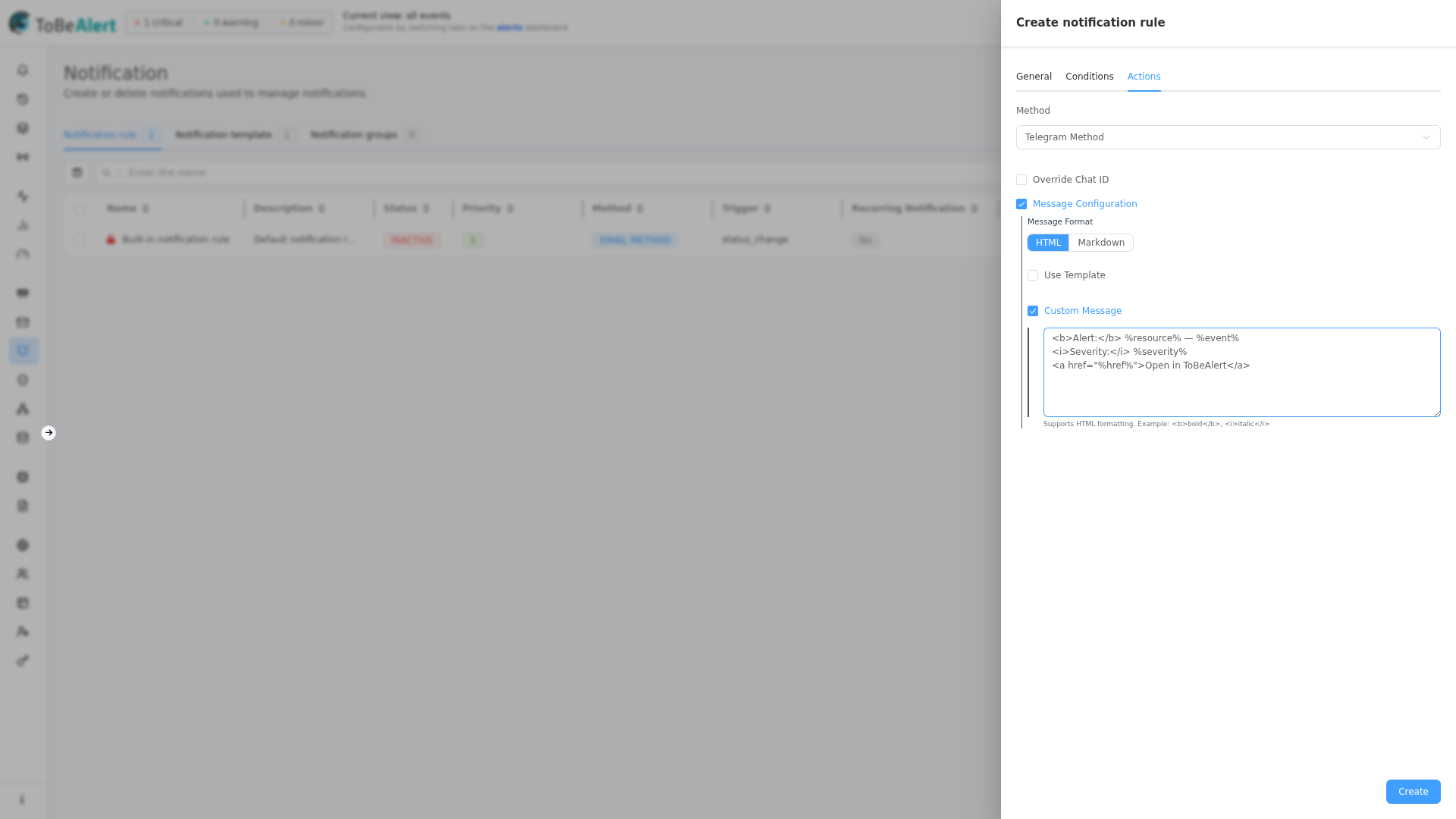 Telegram rule — HTML custom message