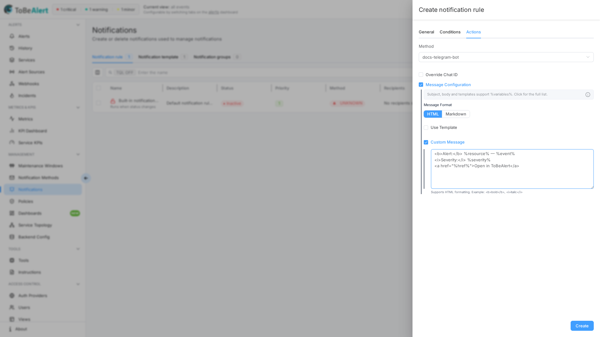 Telegram rule — HTML custom message