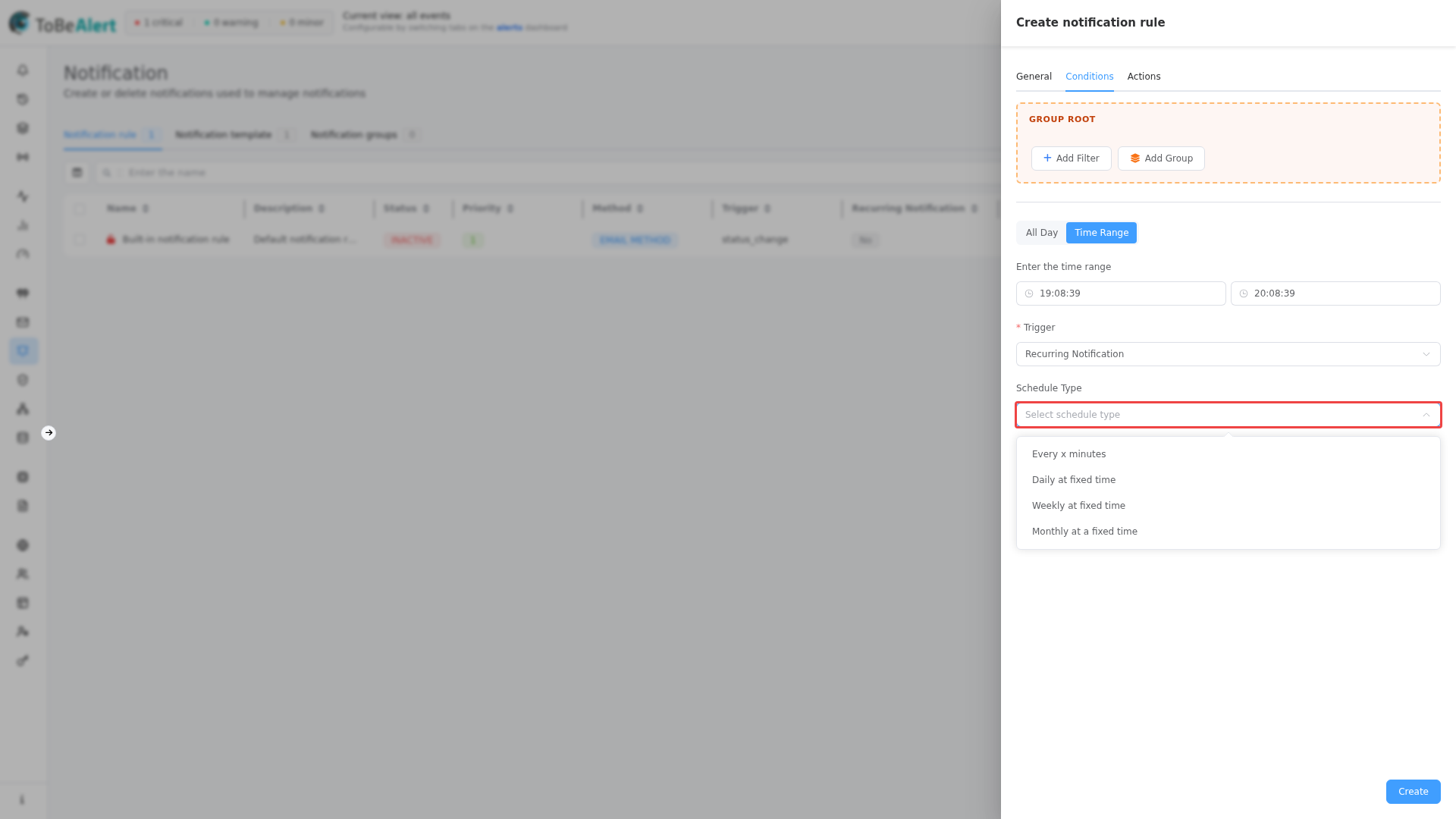 Rule drawer — Schedule type dropdown open