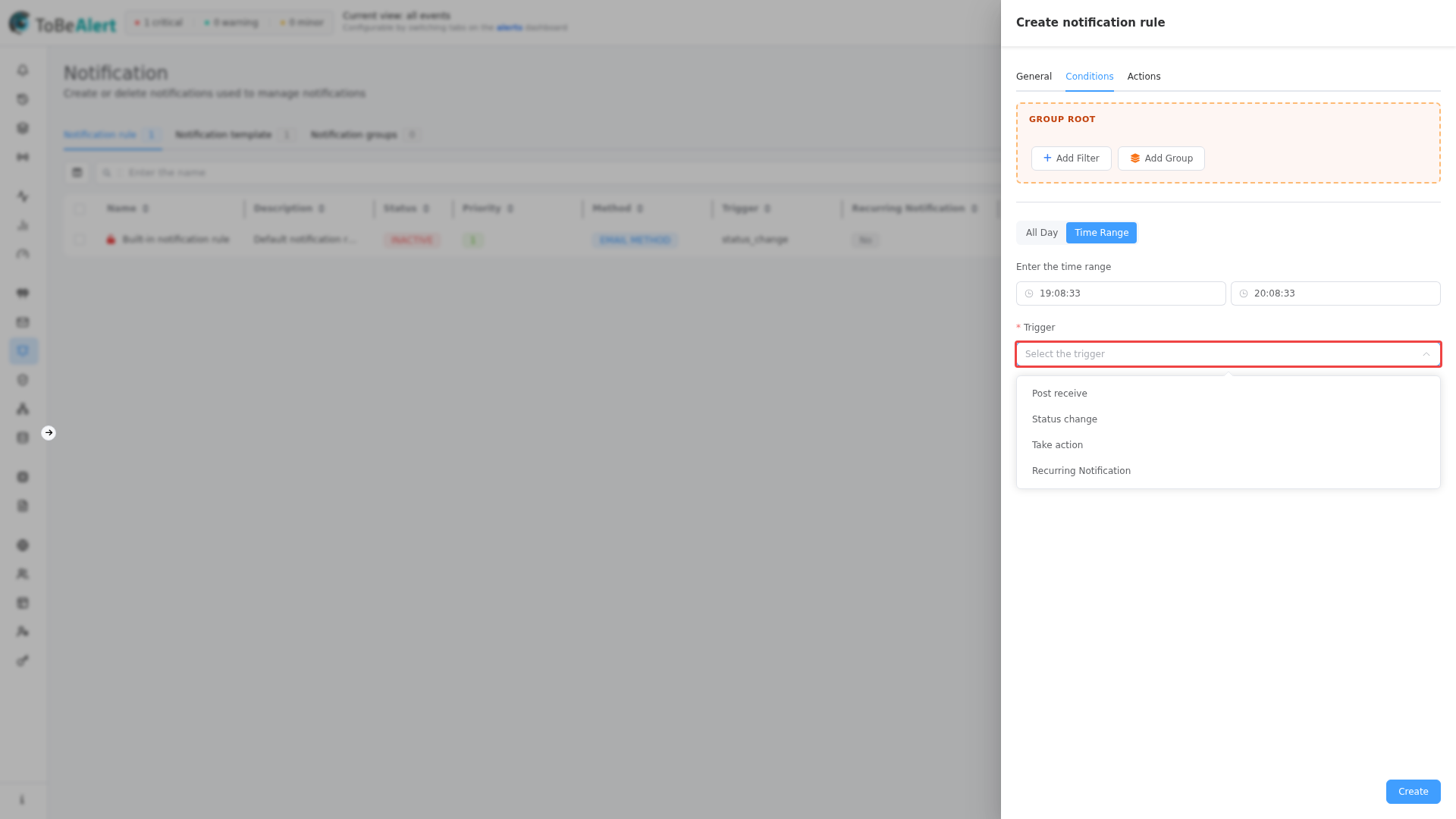 Rule drawer — Trigger dropdown open