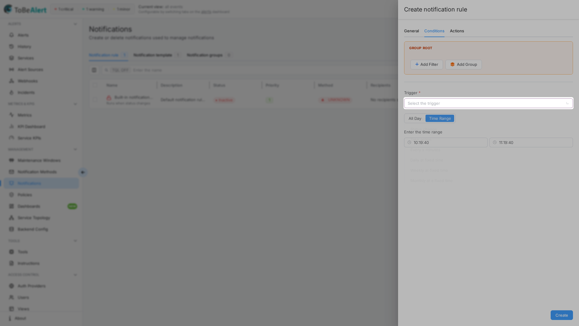 Rule drawer — Trigger dropdown open