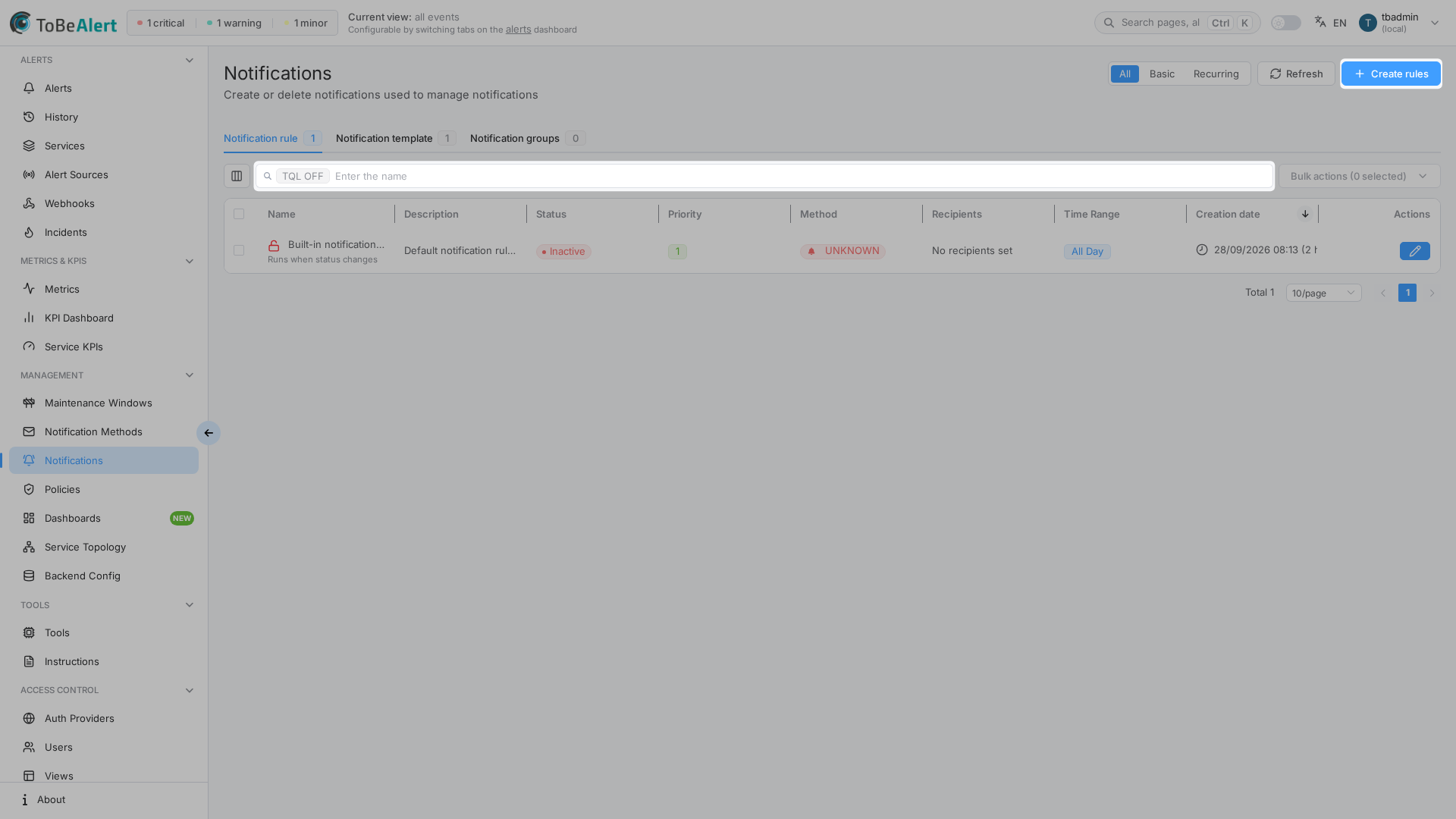Notification rules list — Create rules and Rules tab