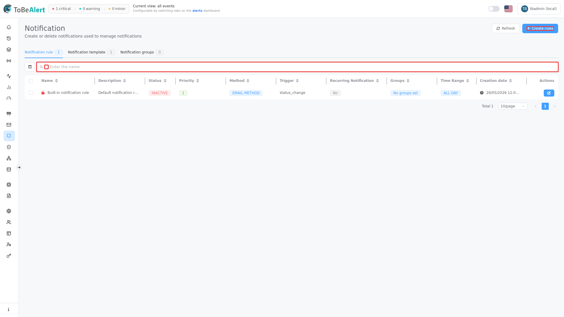 Notification rules list — Create rules and Rules tab