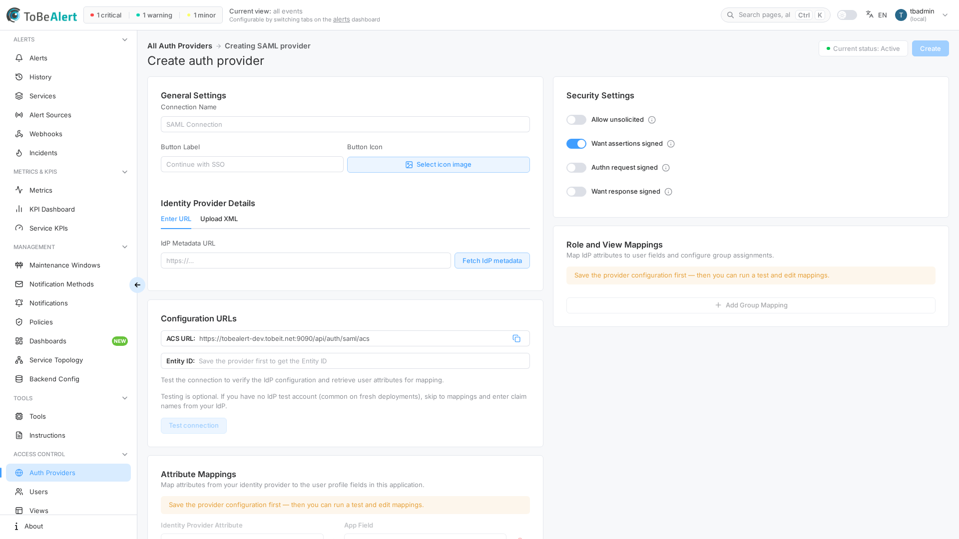 SAML provider — create (Enter URL tab)