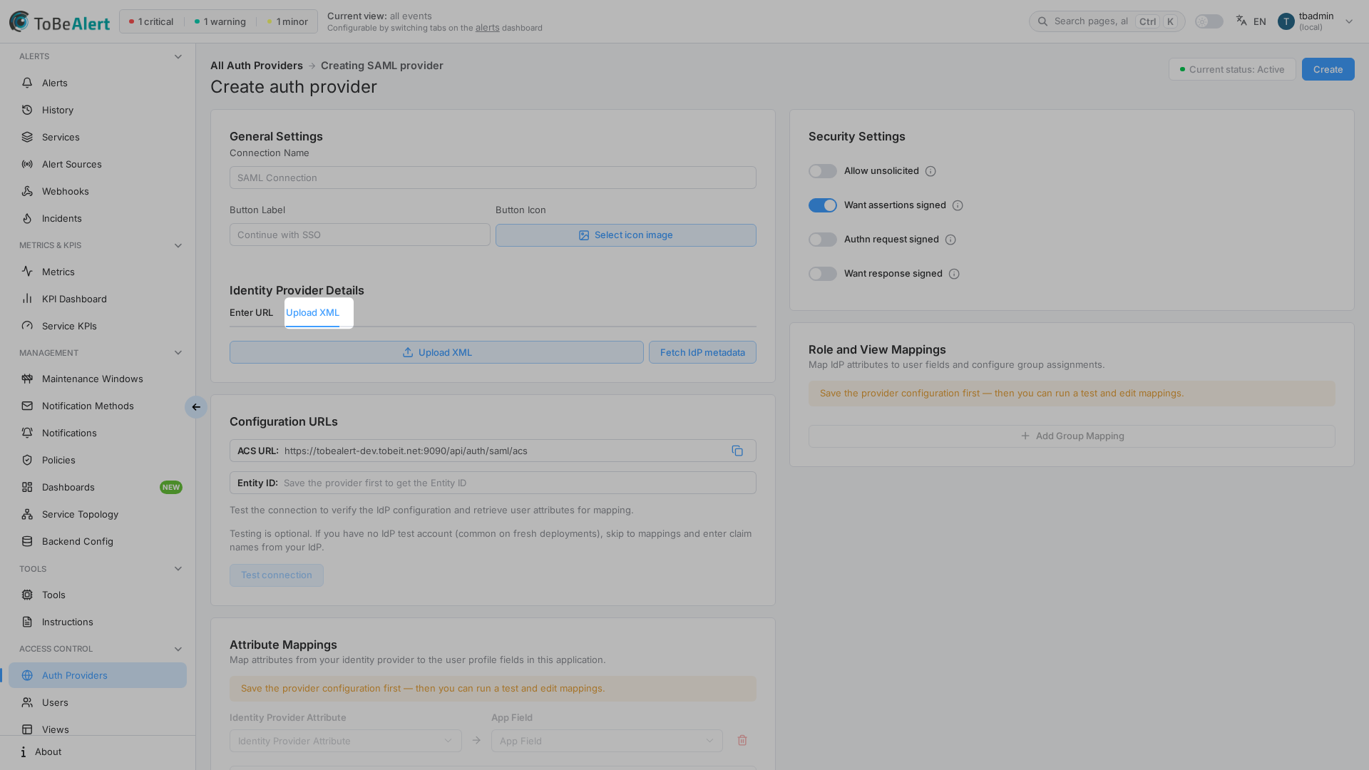 Identity Provider Details — Upload XML tab