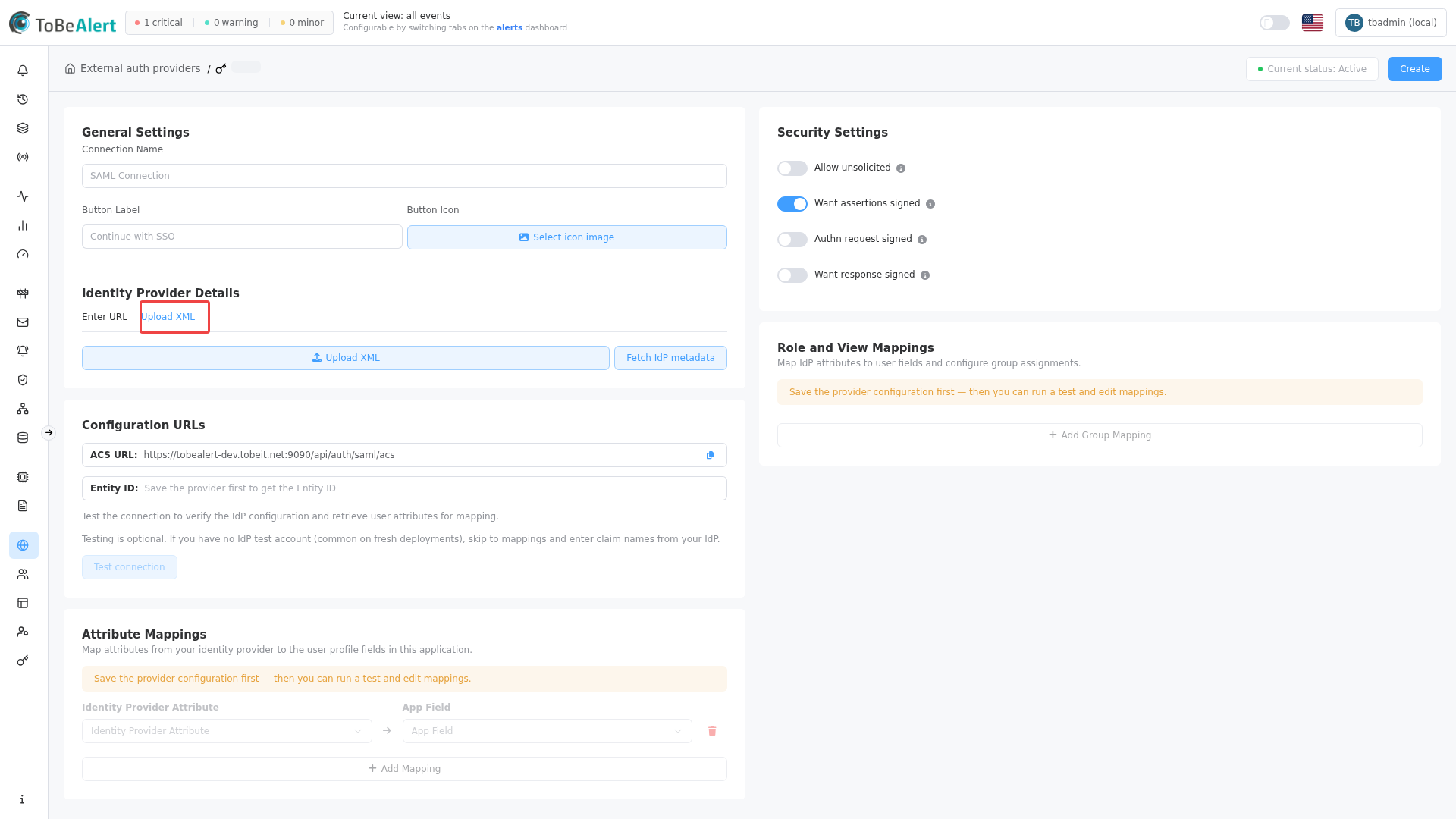 Identity Provider Details — Upload XML tab