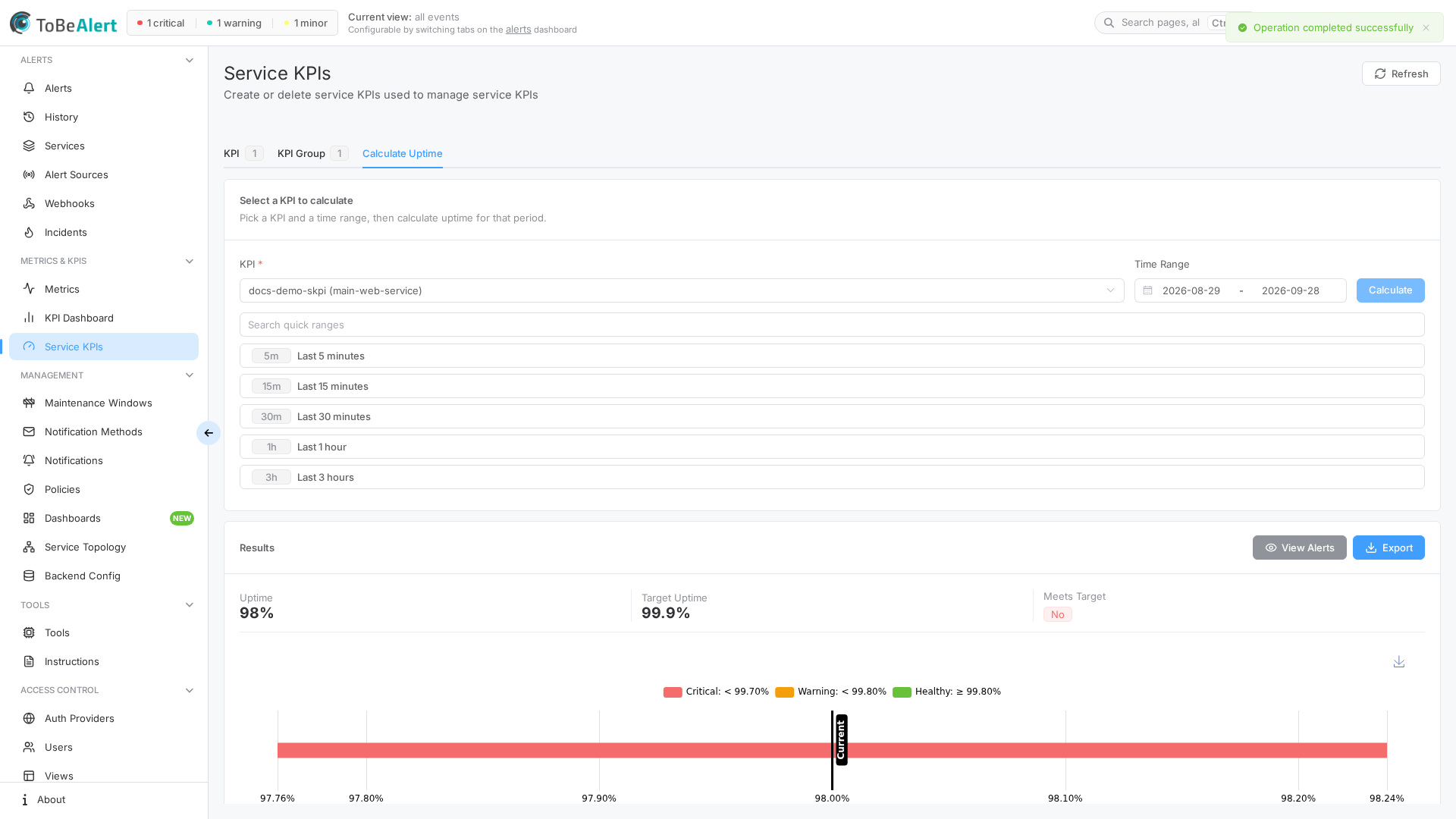Calculate Uptime tab with results