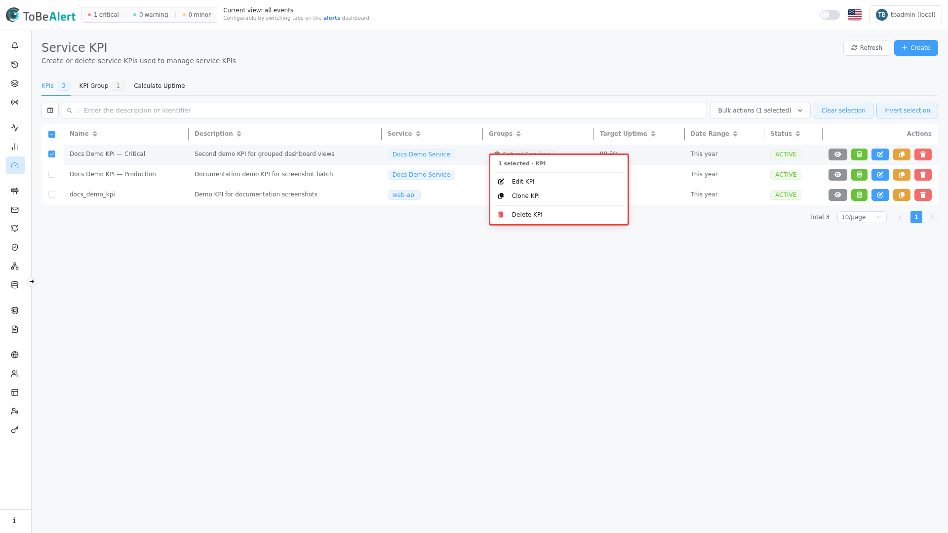 Row context menu on the KPI list