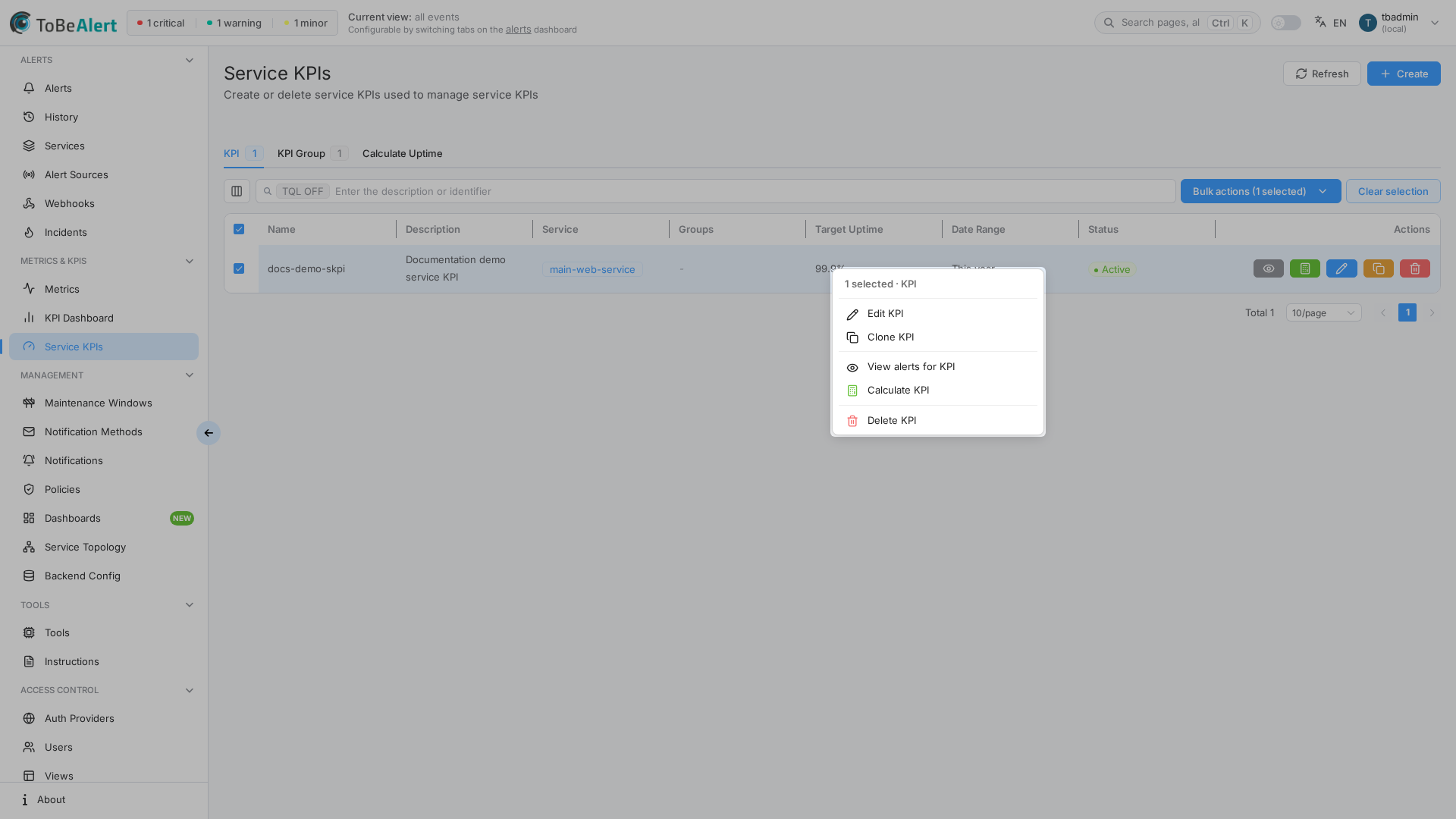 Row context menu on the KPI list