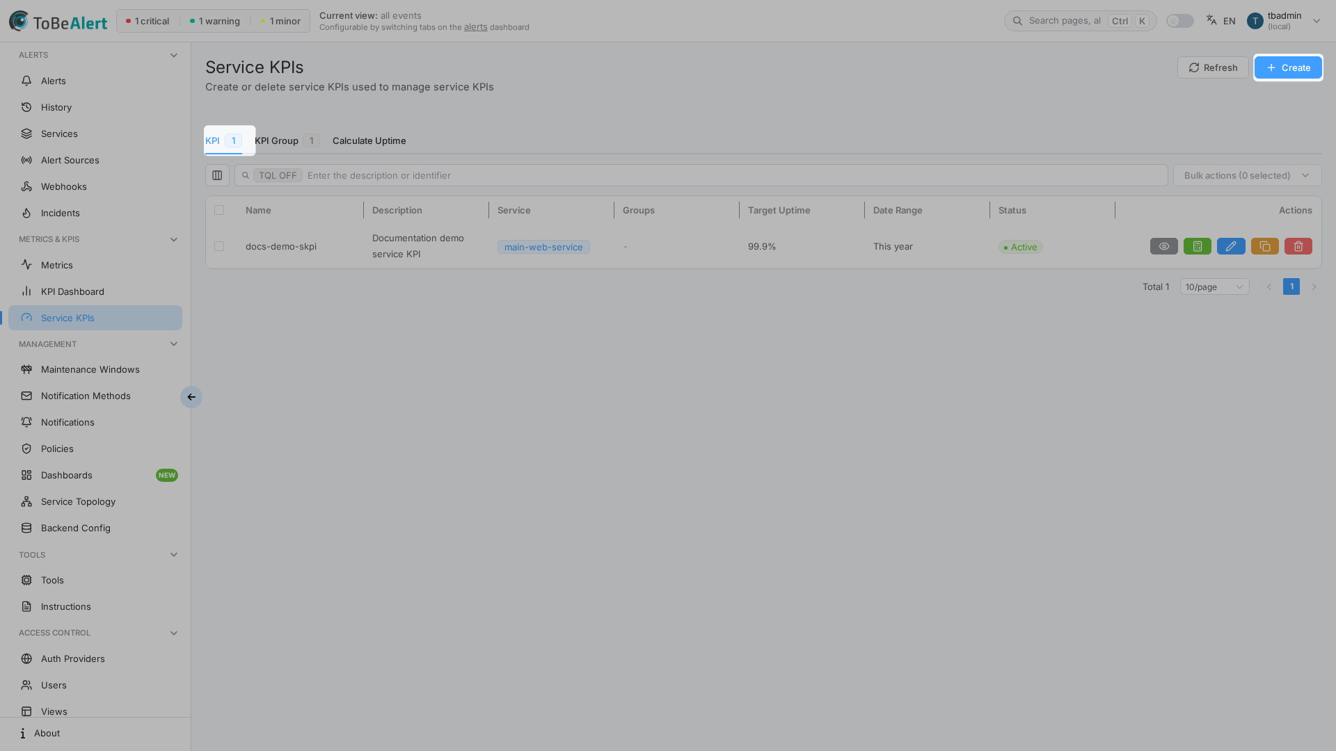 Service KPIs hub — KPI list tab with Create, Refresh, and tabs