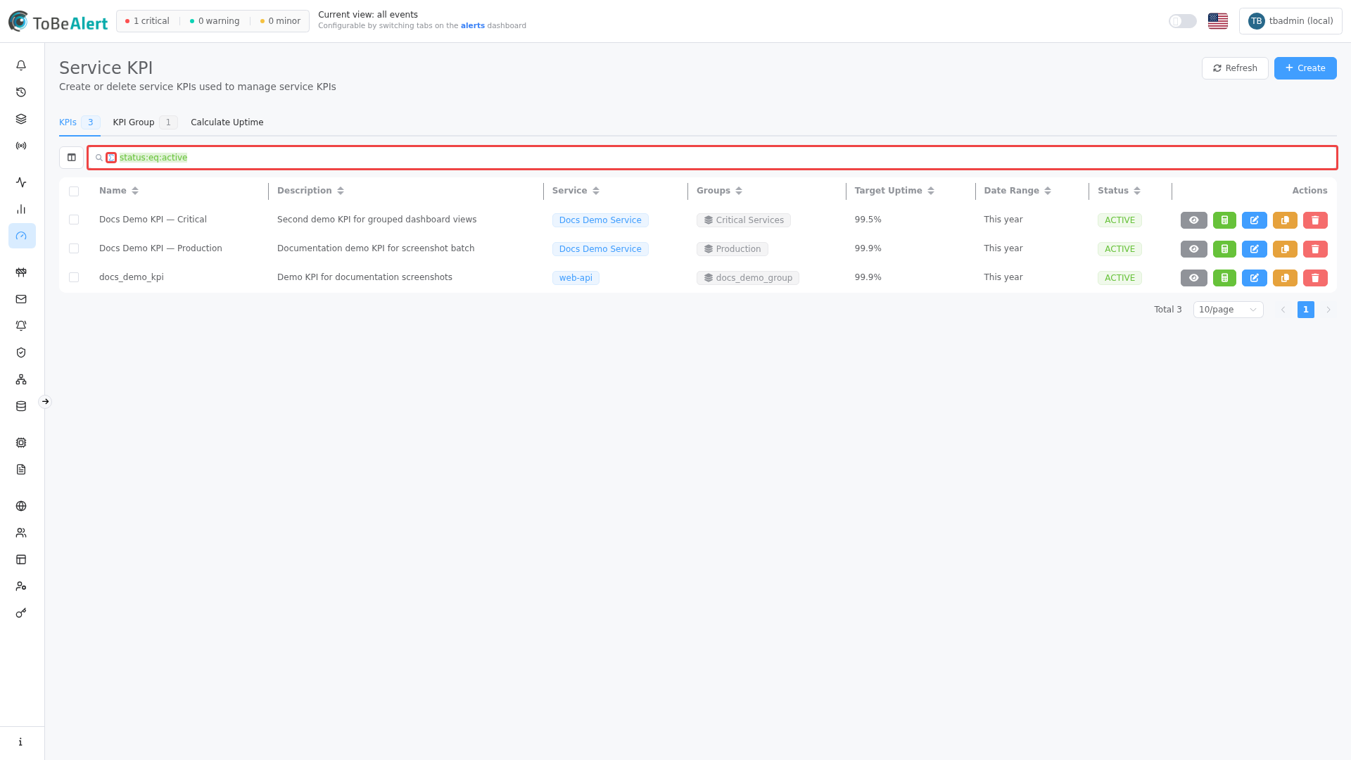 KPI list — TQL filter mode