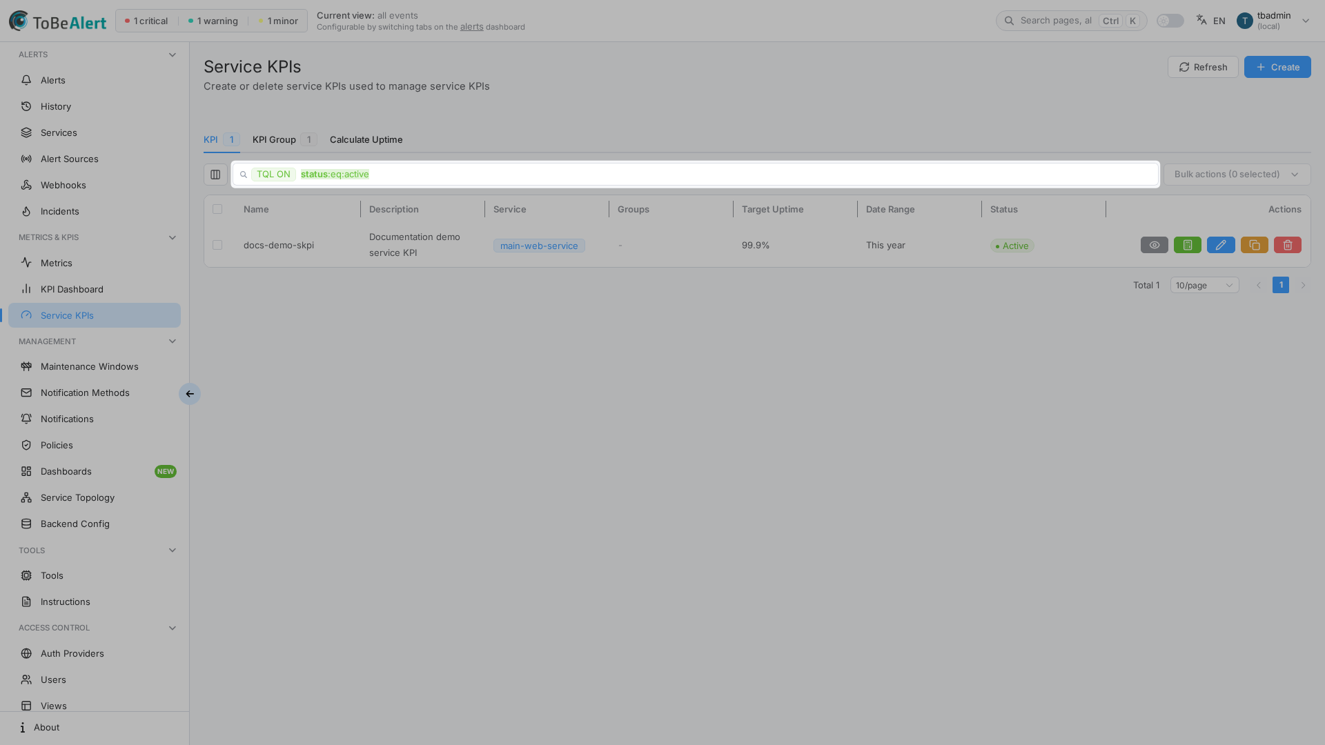 KPI list — TQL filter mode