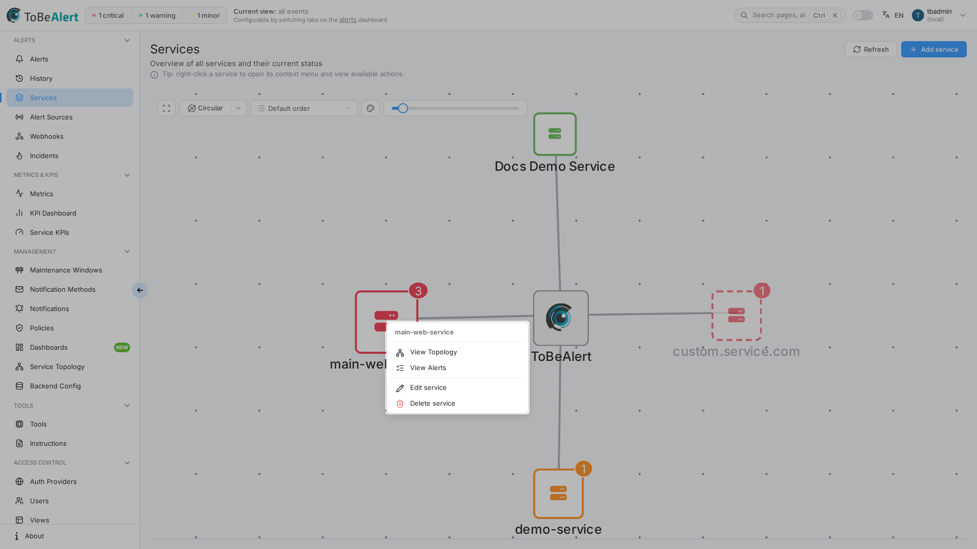 Service node context menu