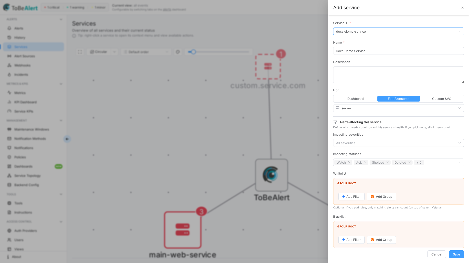 Create service — filled form