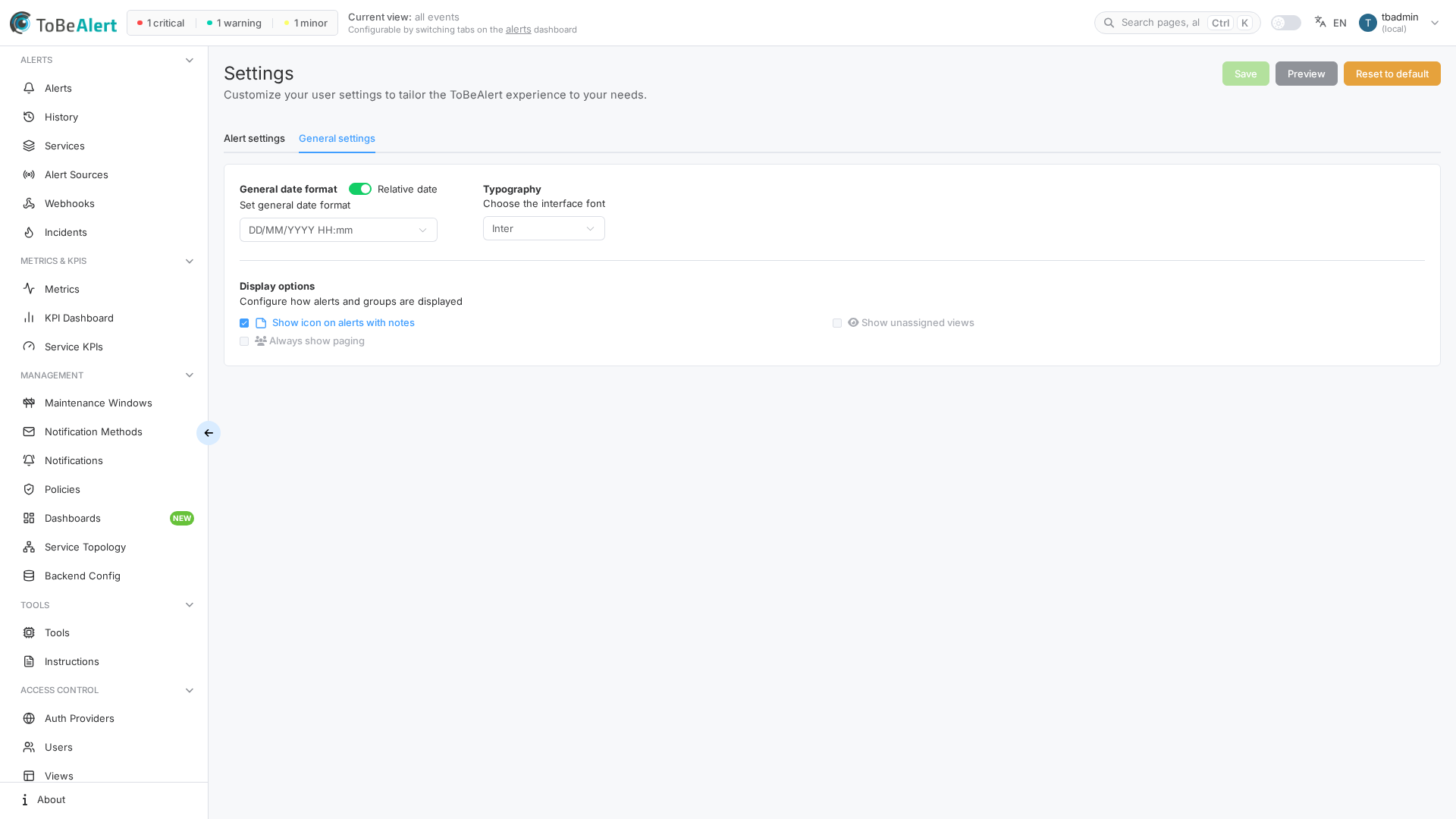 Settings — General settings tab