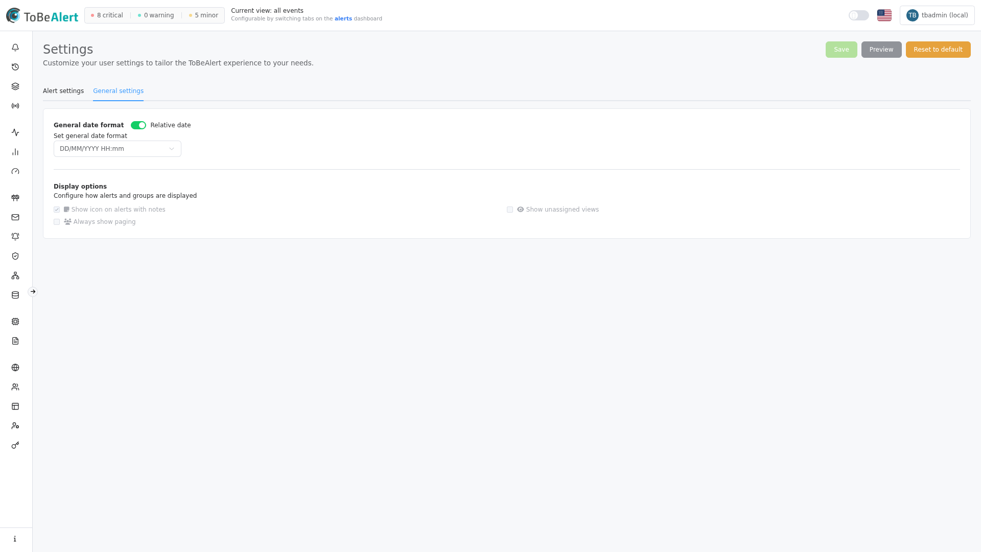 Settings — General settings tab