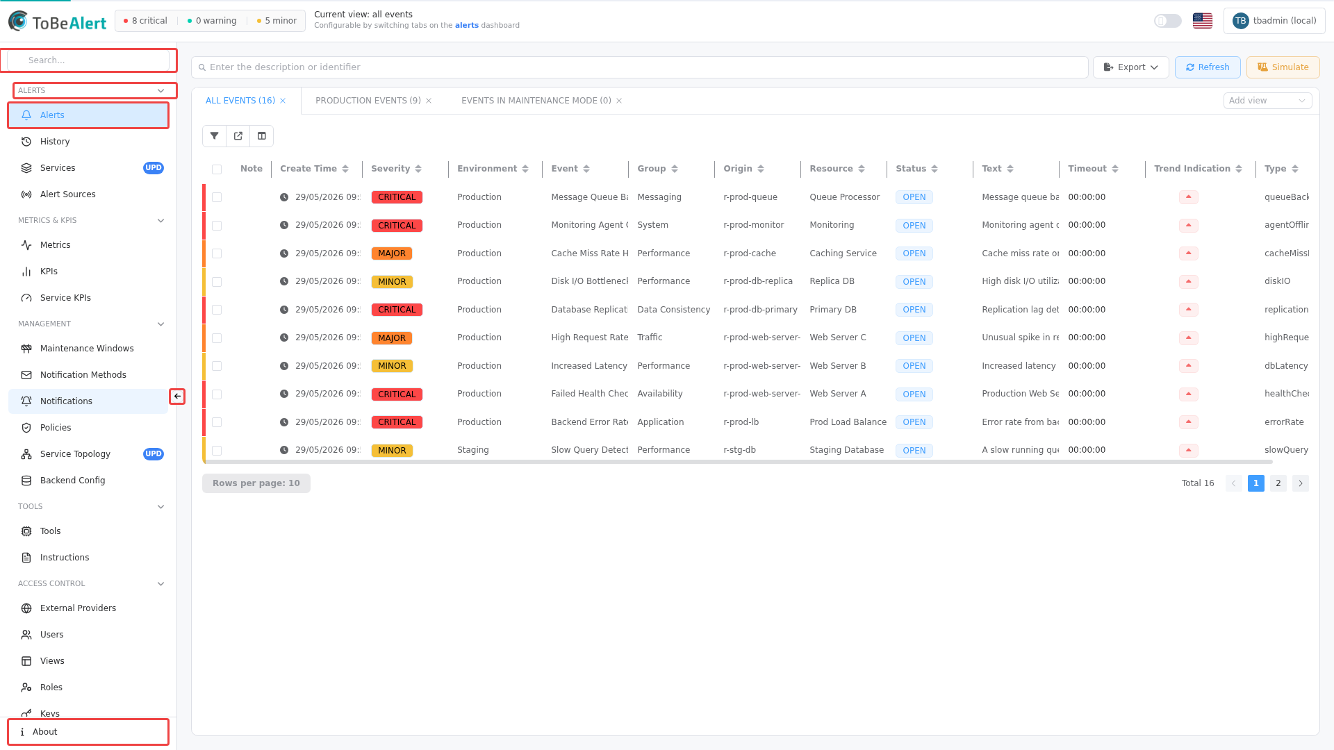 Expanded sidebar on the dashboard — red boxes mark Search, a category heading, the active item, the collapse control, and About