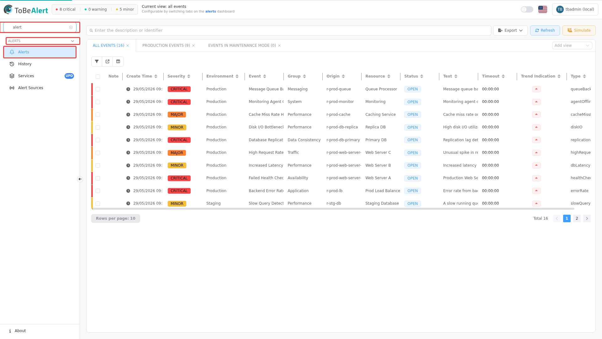Sidebar search filtering menu and history — red boxes mark the search field, a filtered menu item, and alert history when shown