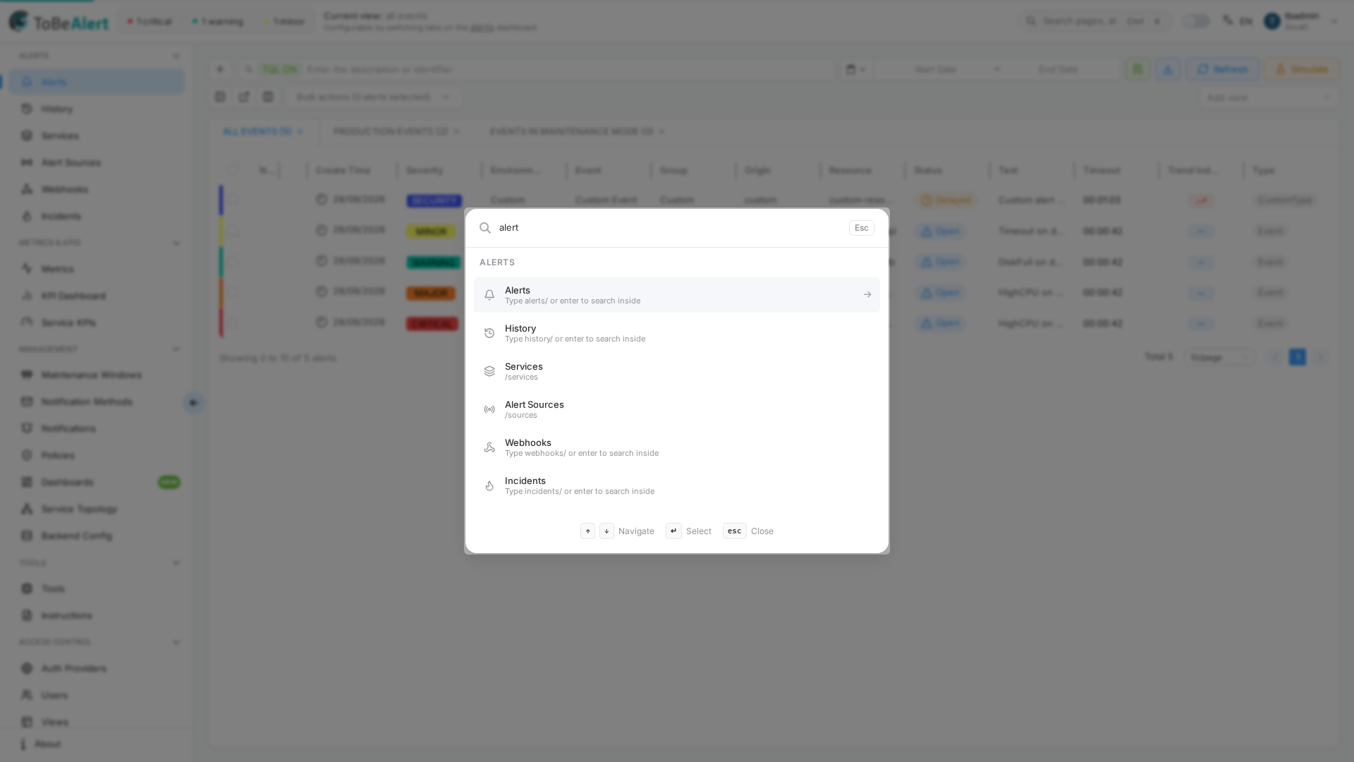 Global search dialog opened from the top bar, showing grouped page results for a query