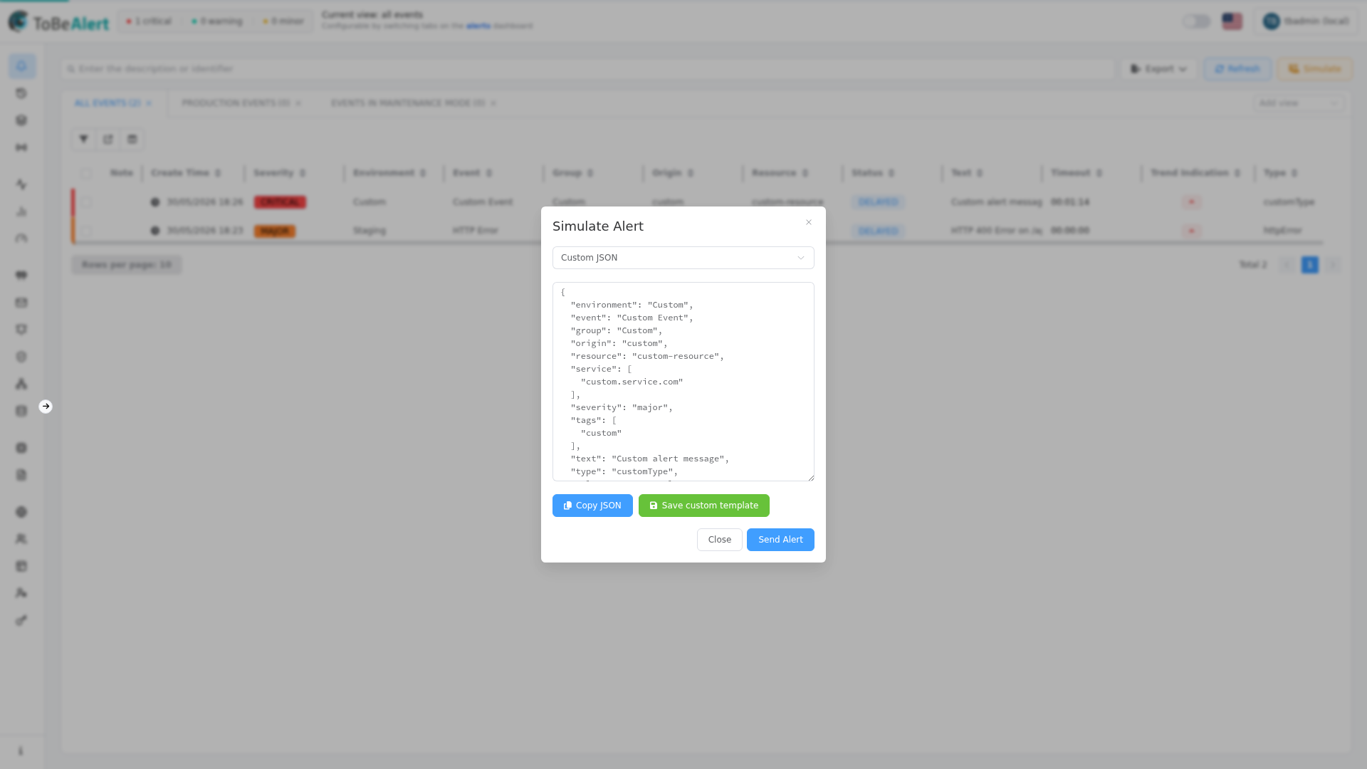 Simulate Alert dialog — template selector and JSON preview