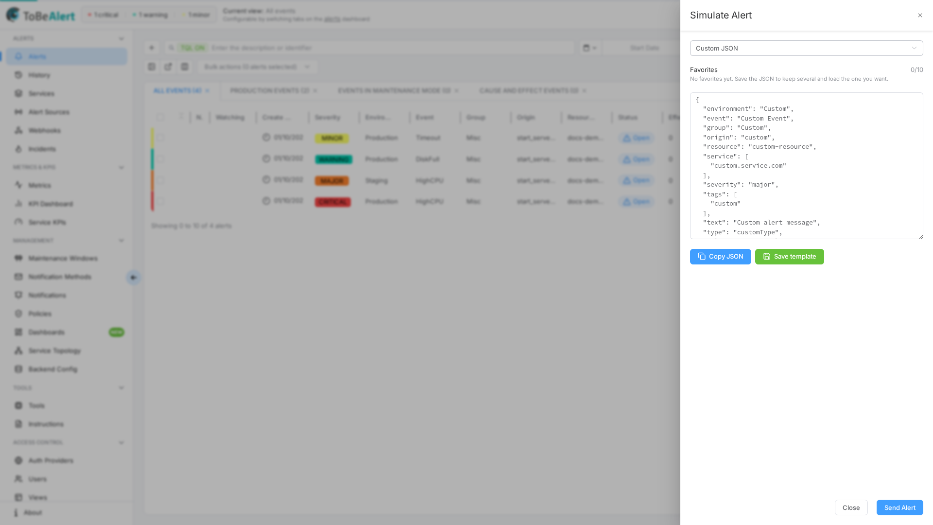 Simulate Alert drawer — template selector and JSON preview