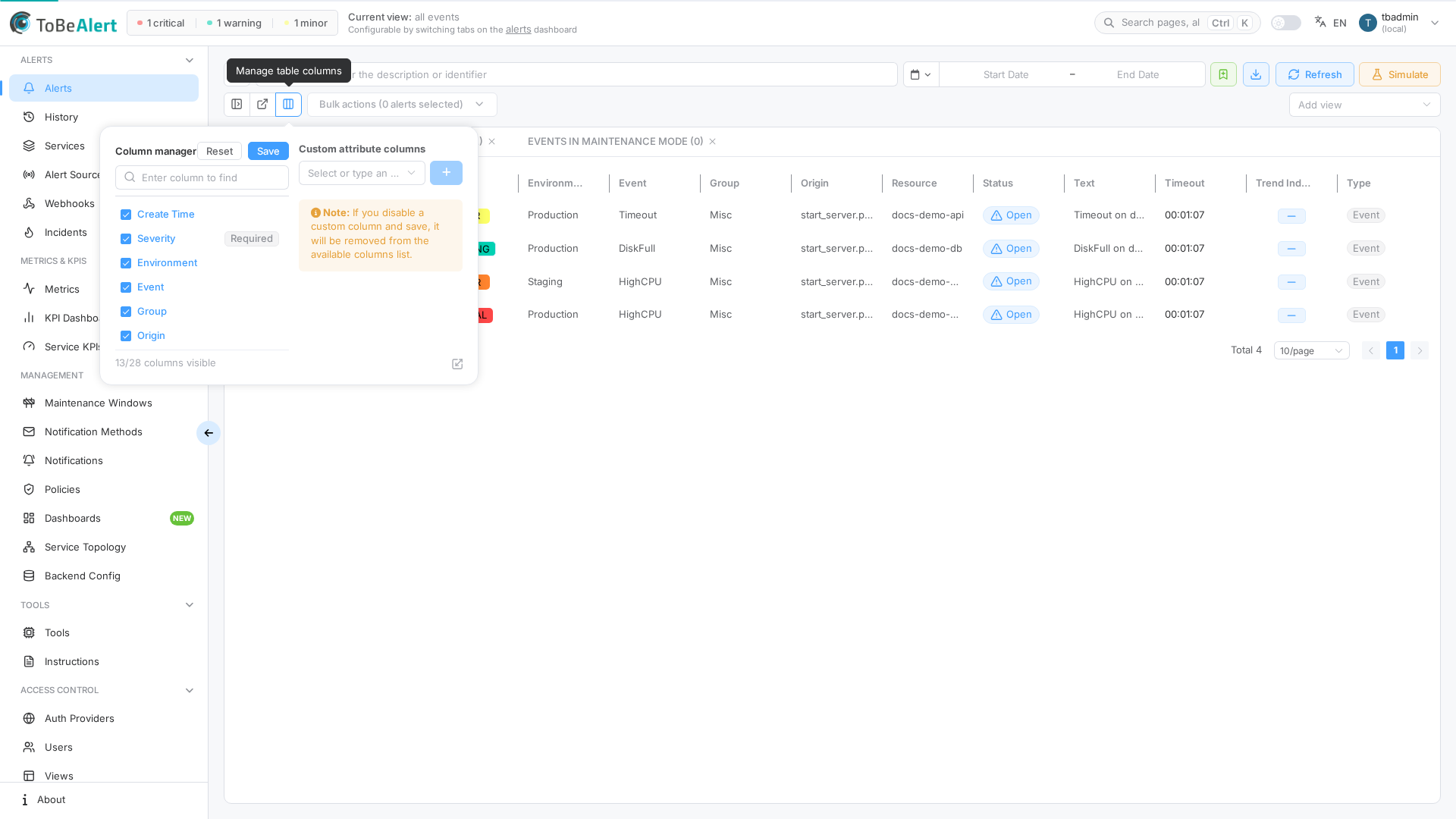 Column manager — visible columns and custom attribute columns