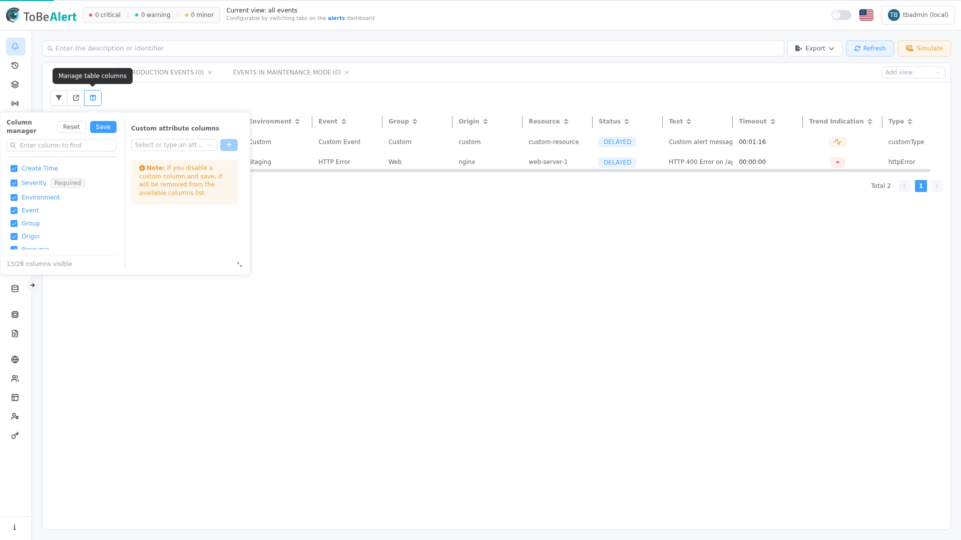 Column manager — visible columns and custom attribute columns