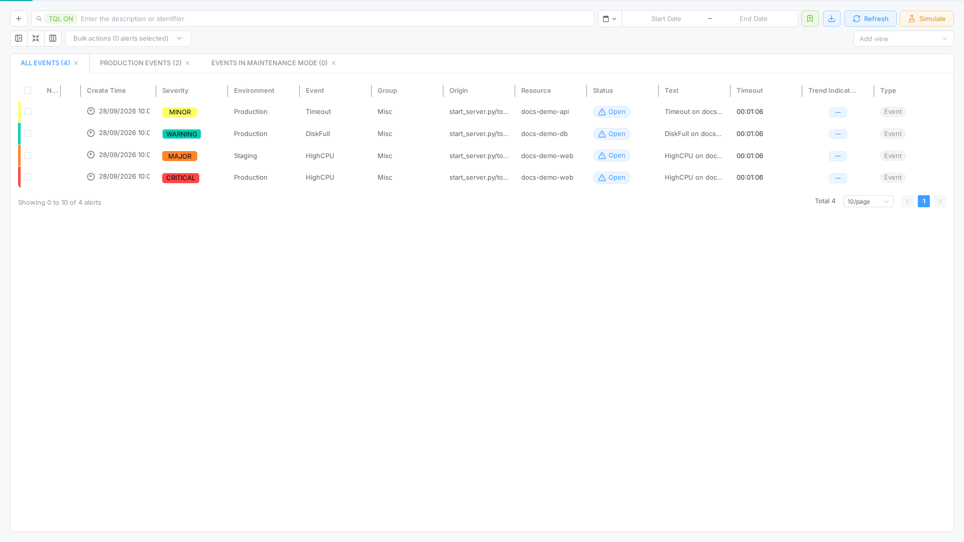 External view — full-width alert table without app chrome