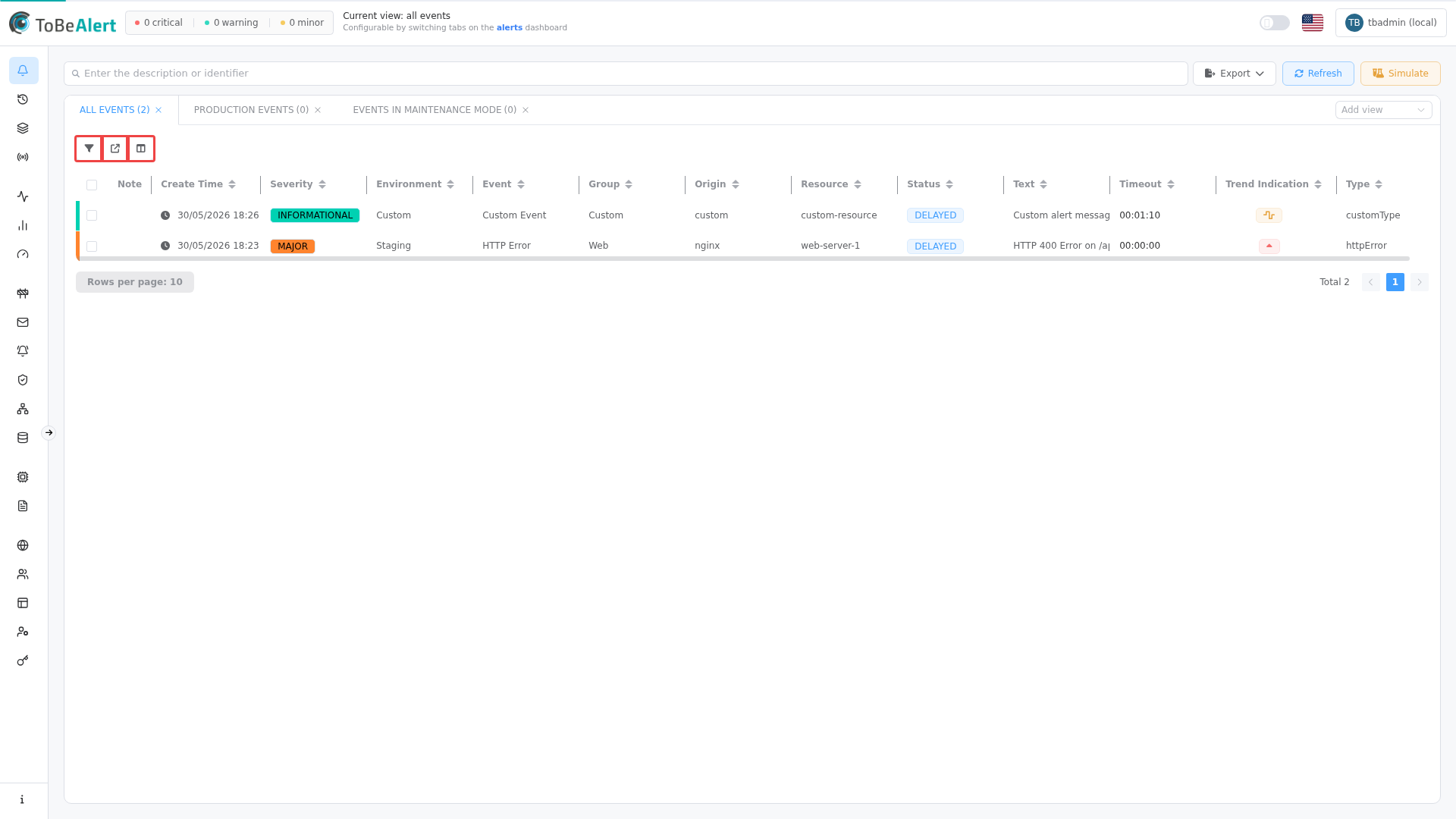 Table toolbar — show/hide filters, external view, column manager
