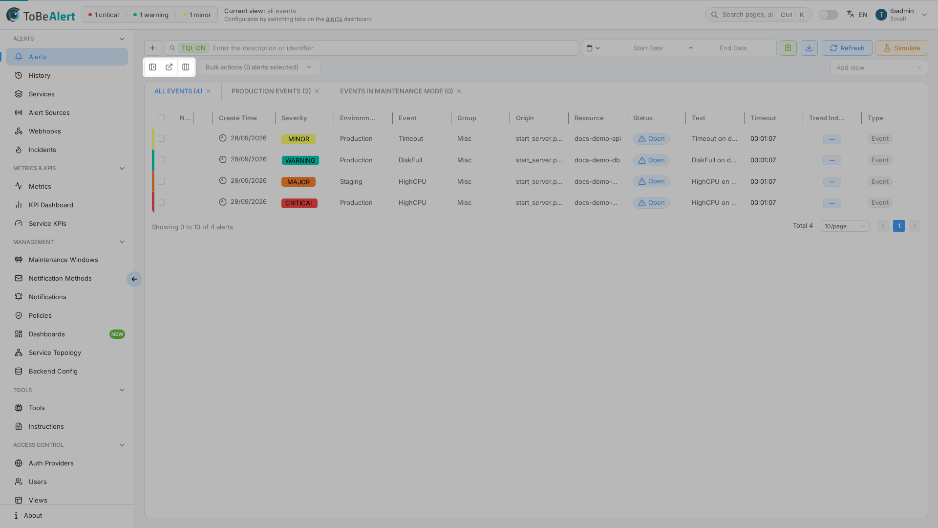 Table toolbar — show/hide filters, external view, column manager
