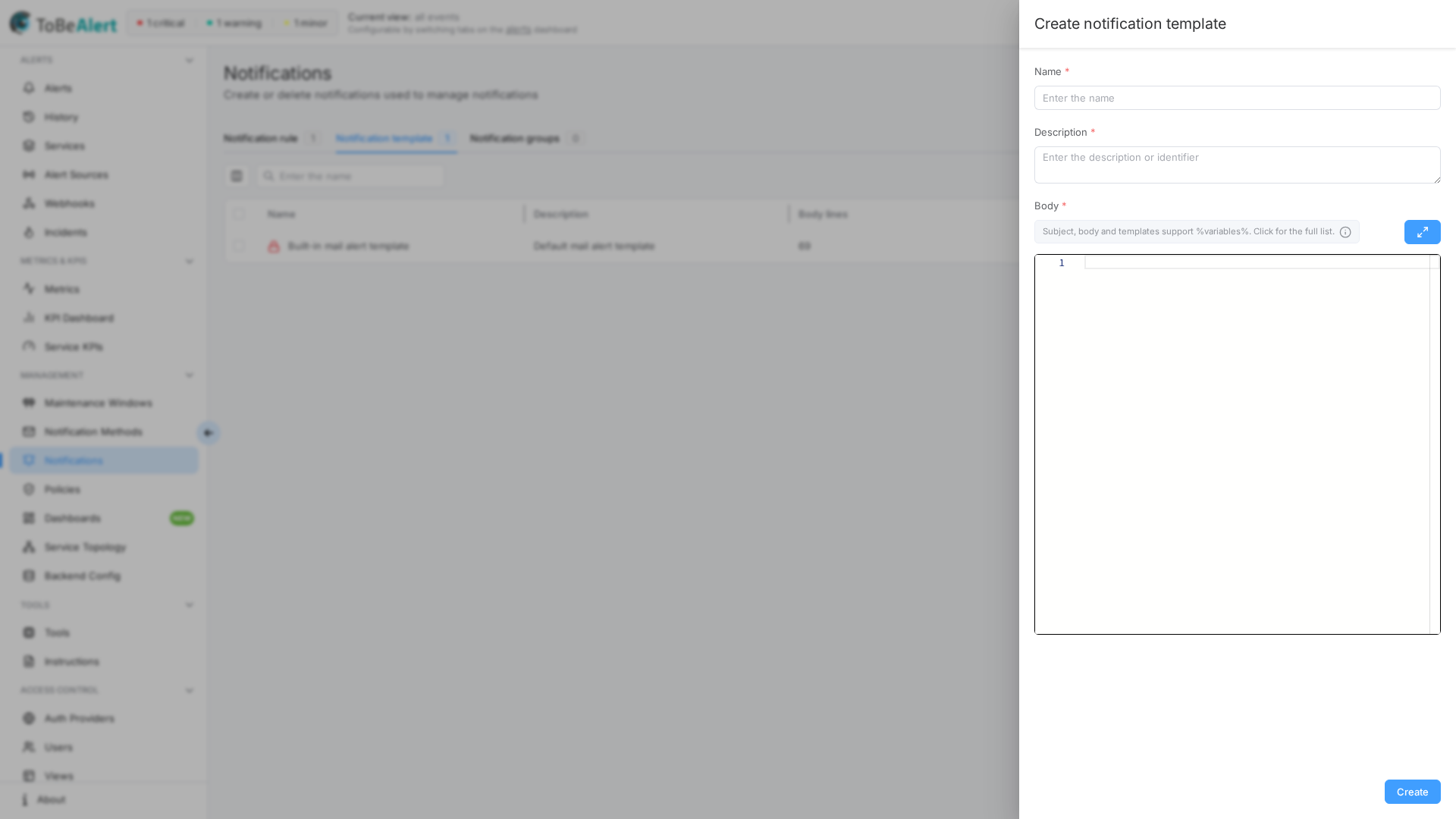 Create notification template — drawer form