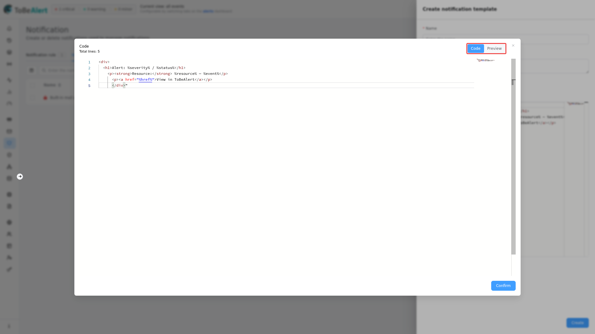 Expand code dialog — Code view and Code or Preview toggle
