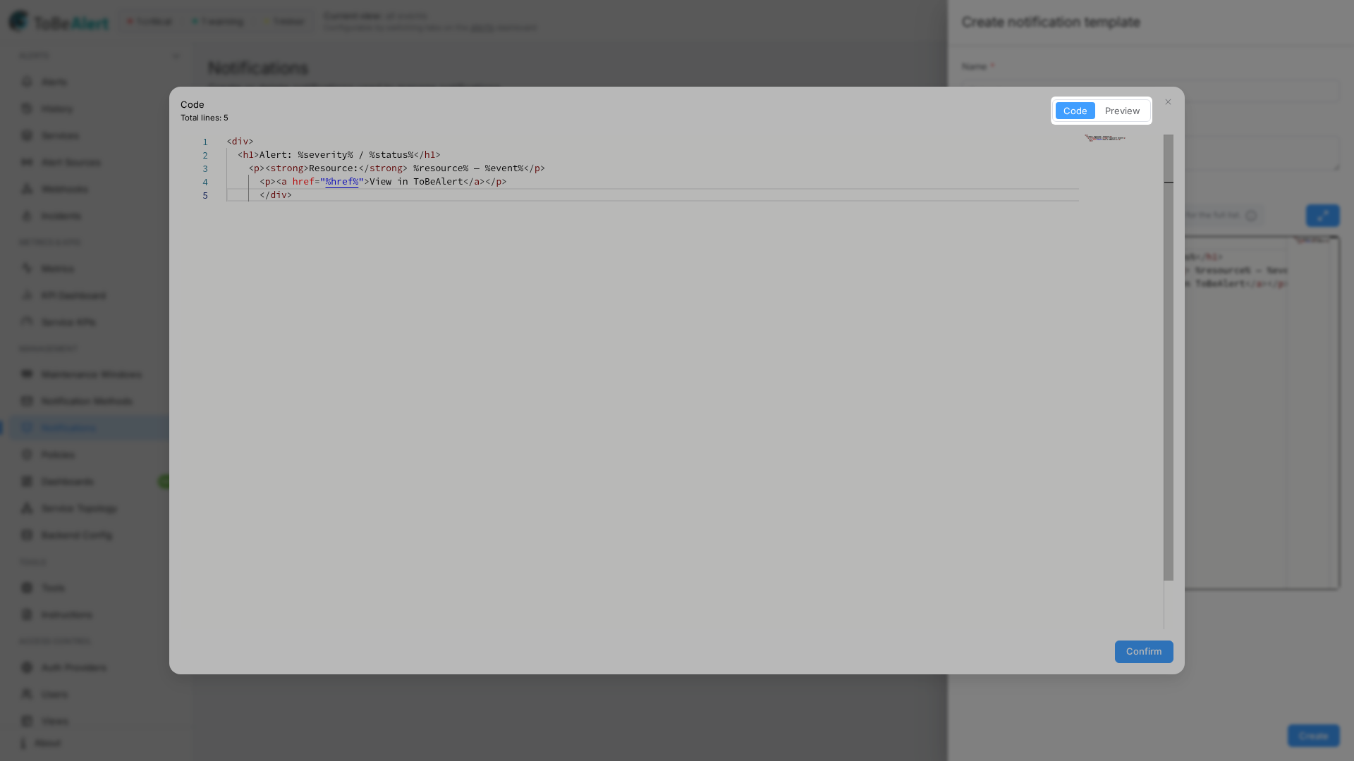 Expand code dialog — Code view and Code or Preview toggle