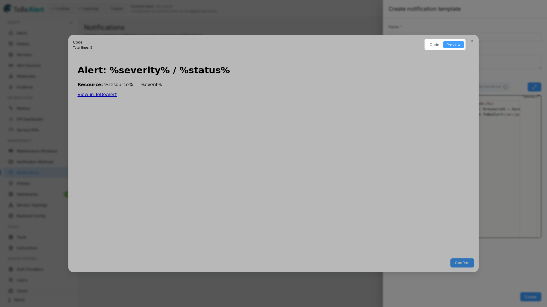 Expand code dialog — Preview of rendered HTML