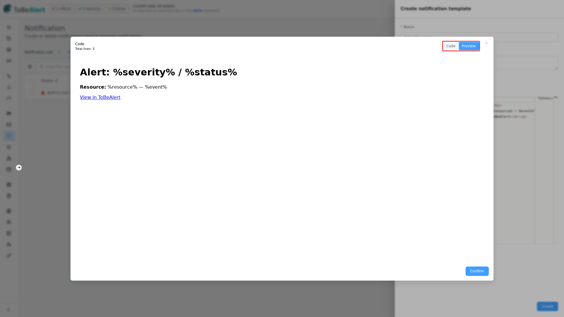 Expand code dialog — Preview of rendered HTML