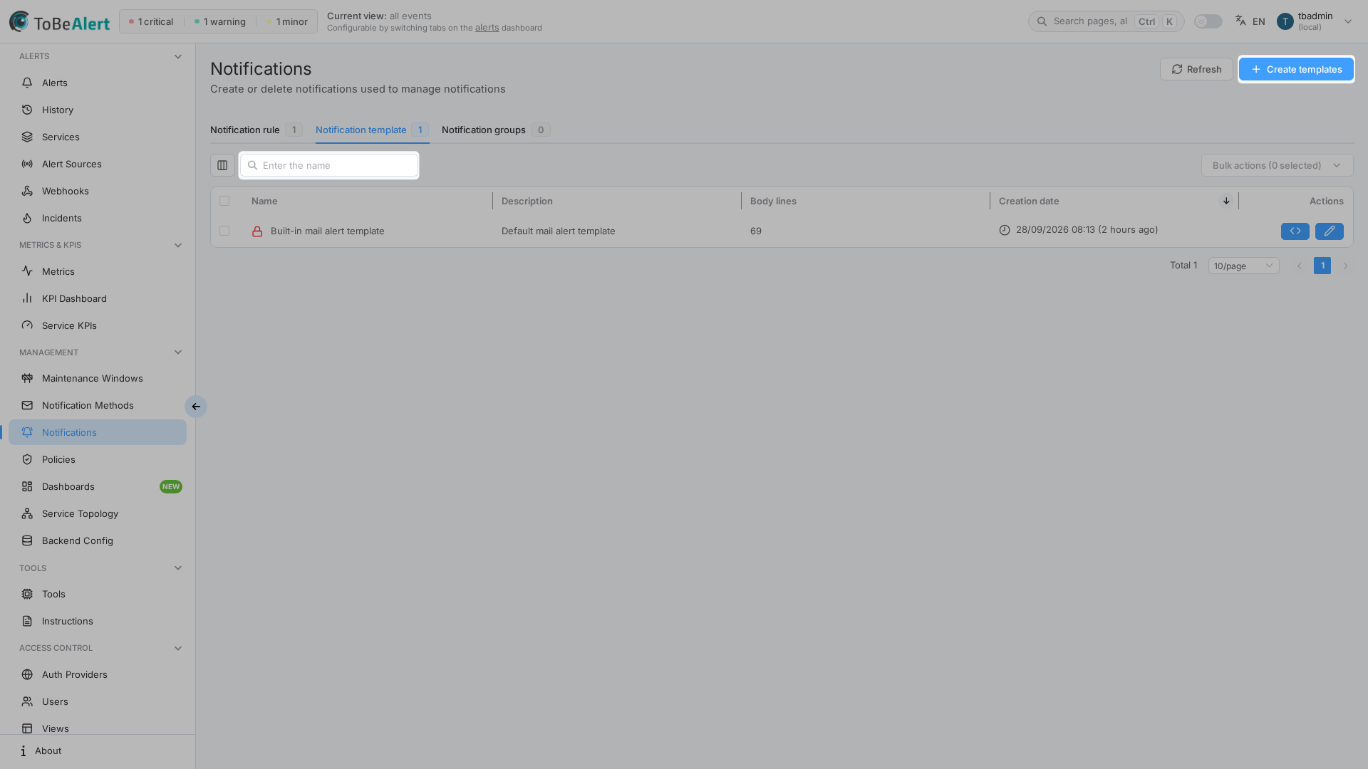 Notification templates list — Create templates and Templates tab