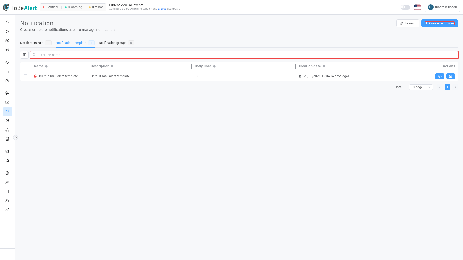 Notification templates list — Create templates and Templates tab