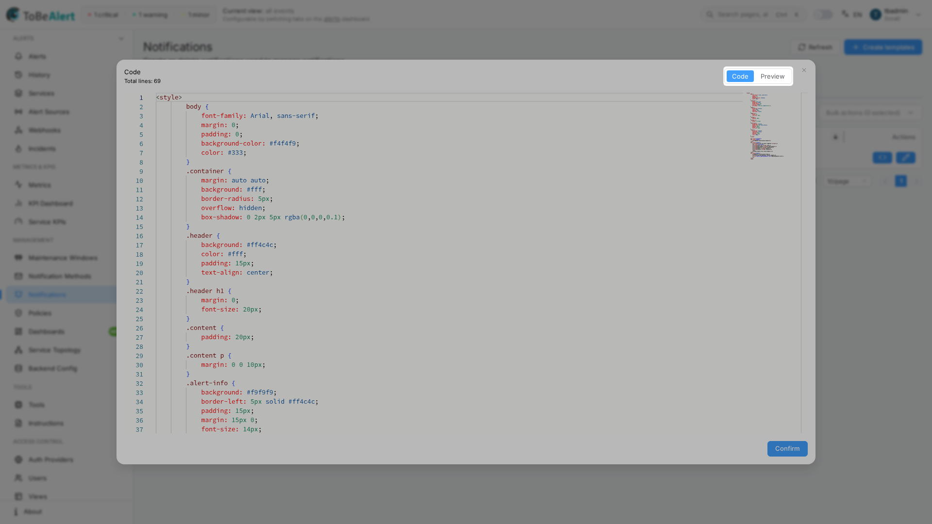 Template preview dialog — Code view
