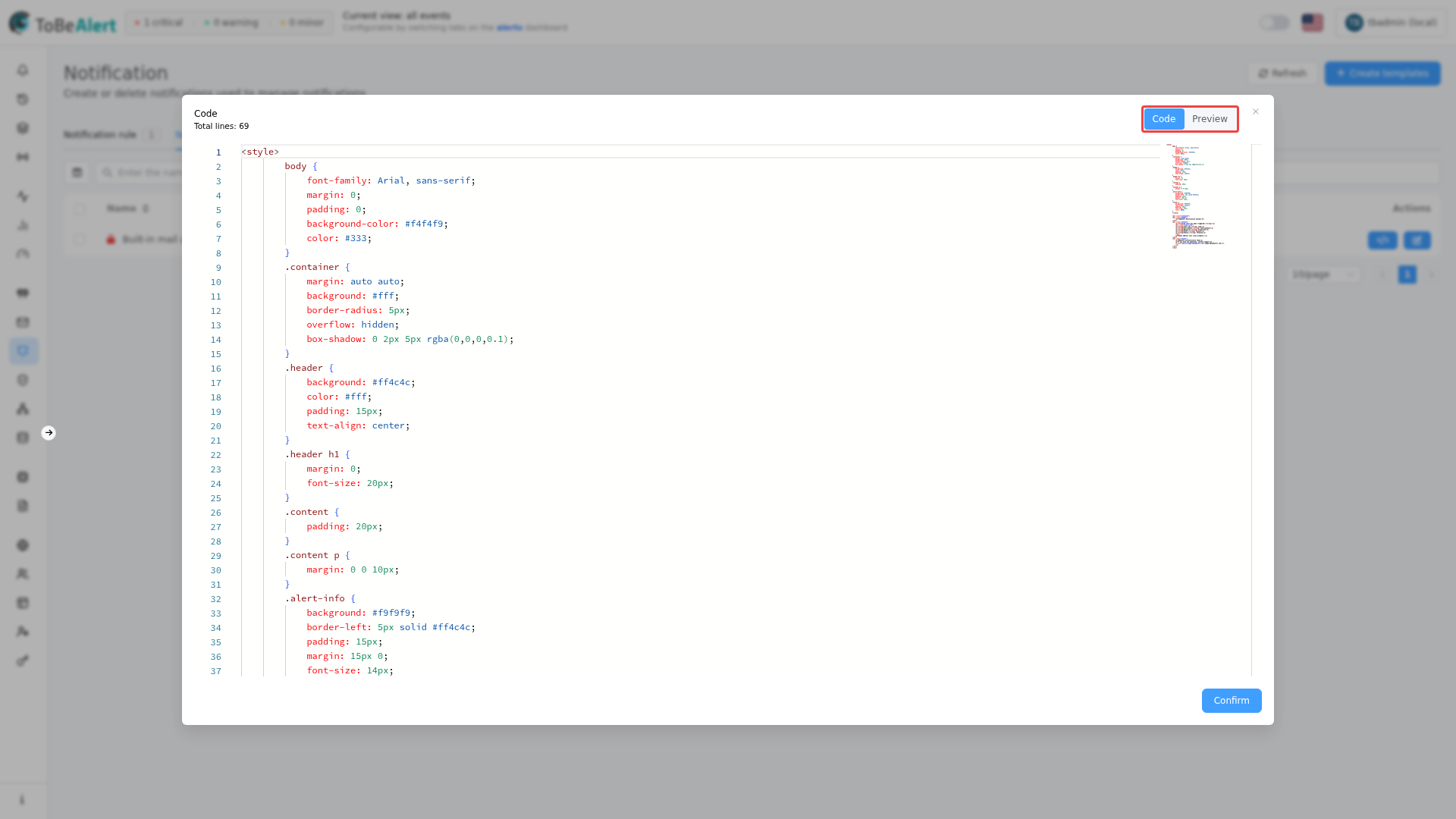 Template preview dialog — Code view