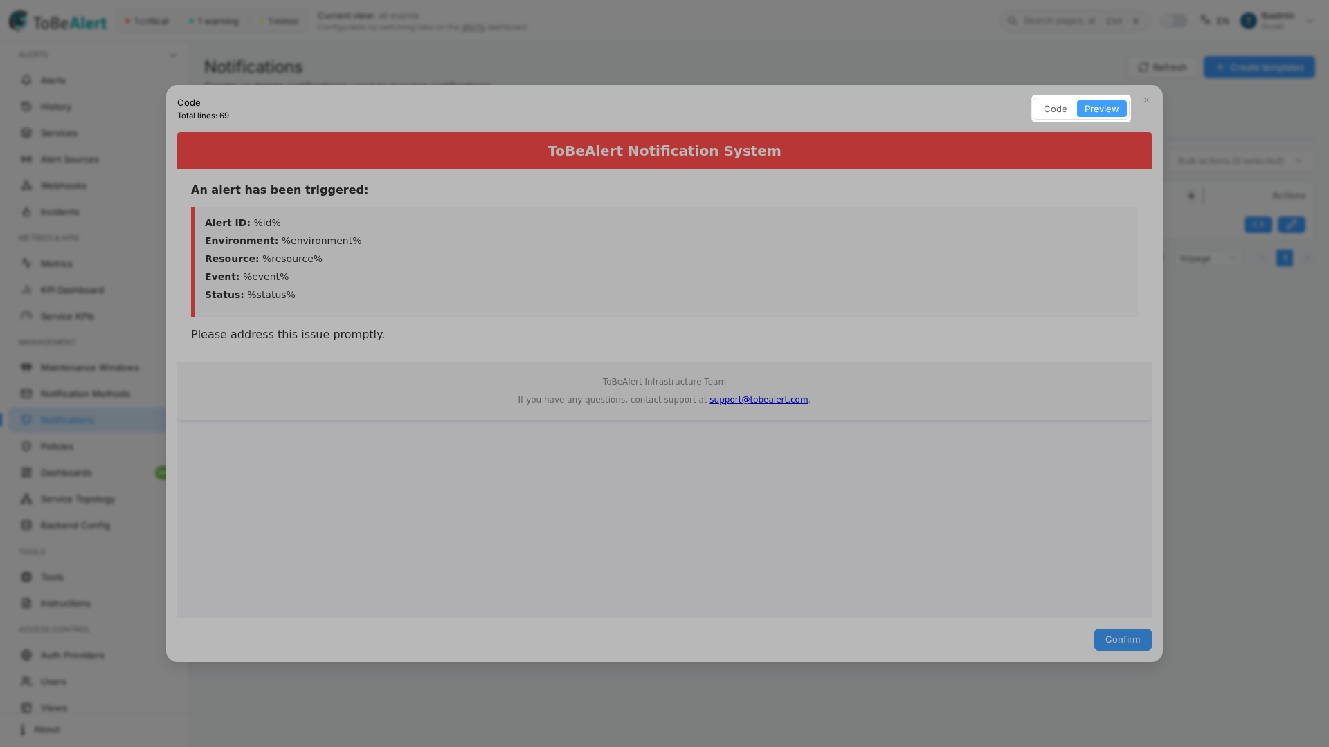 Template preview dialog — Preview of rendered HTML