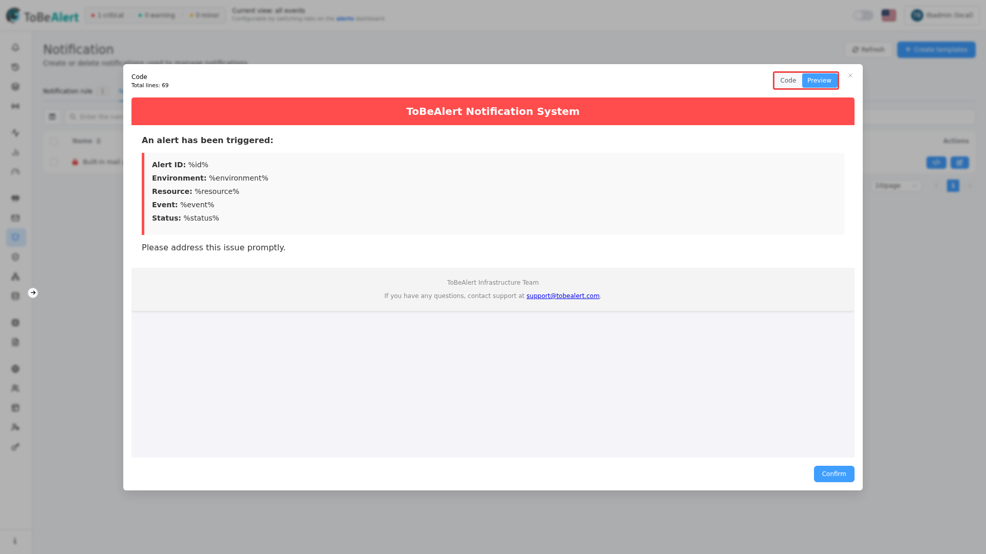 Template preview dialog — Preview of rendered HTML